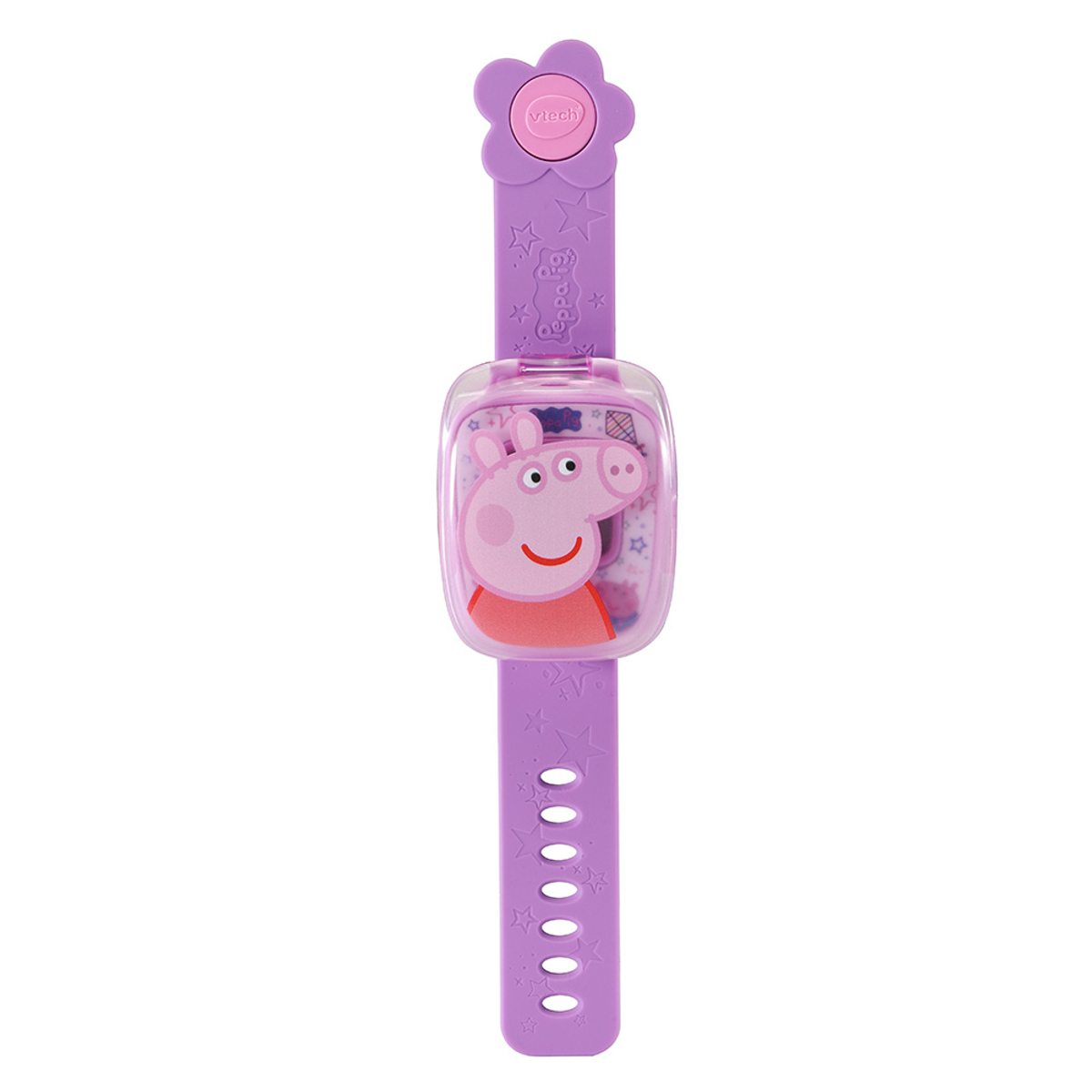 Lila Peppa Wutz Smartwatch mit Blumenaufsatz. Die Uhr zeigt Peppa Wutz auf dem Bildschirm.