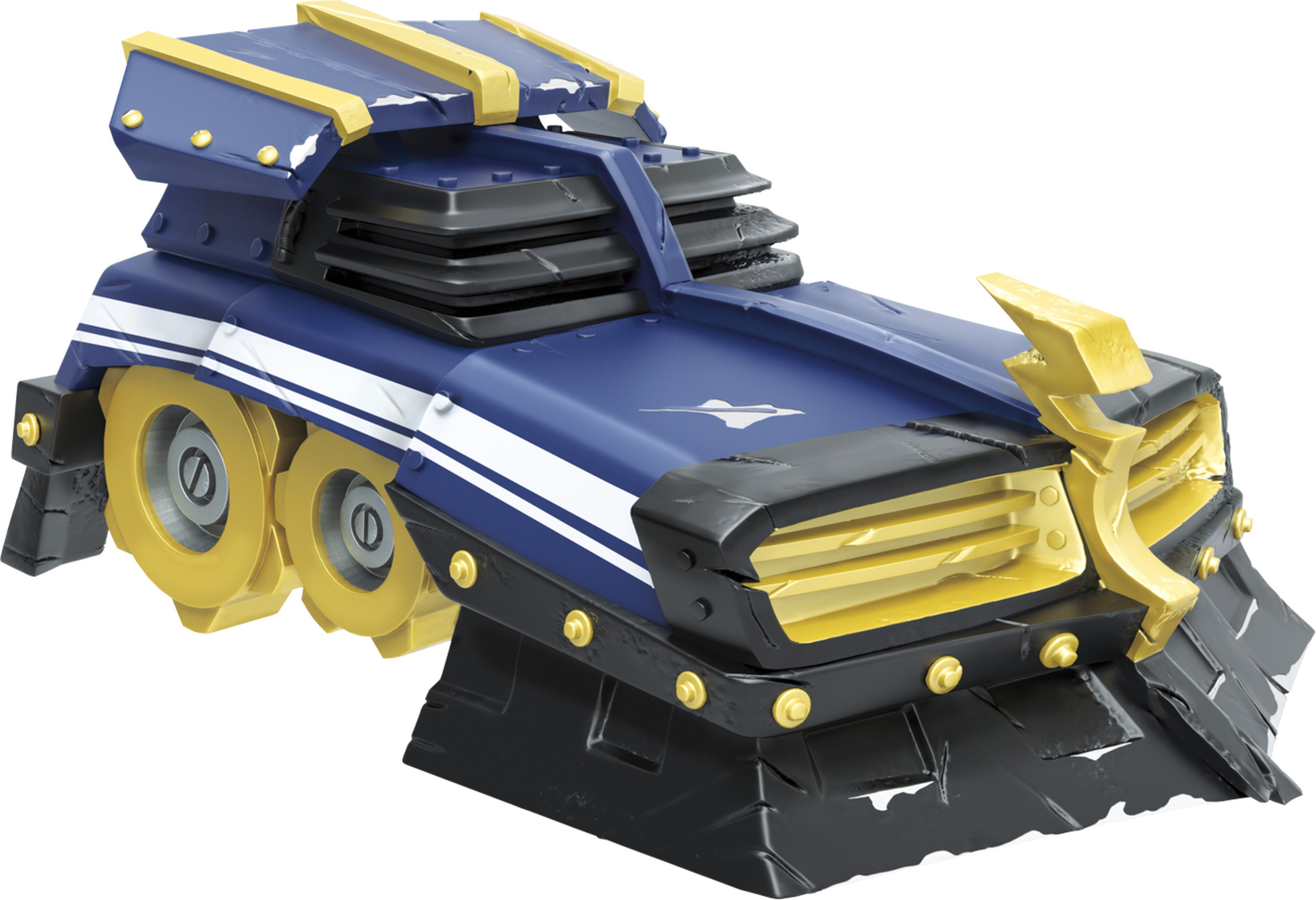 Ein Spielzeugauto, blau und gelb. Es hat Räder und ein futuristisches Design, weißer Hintergrund.