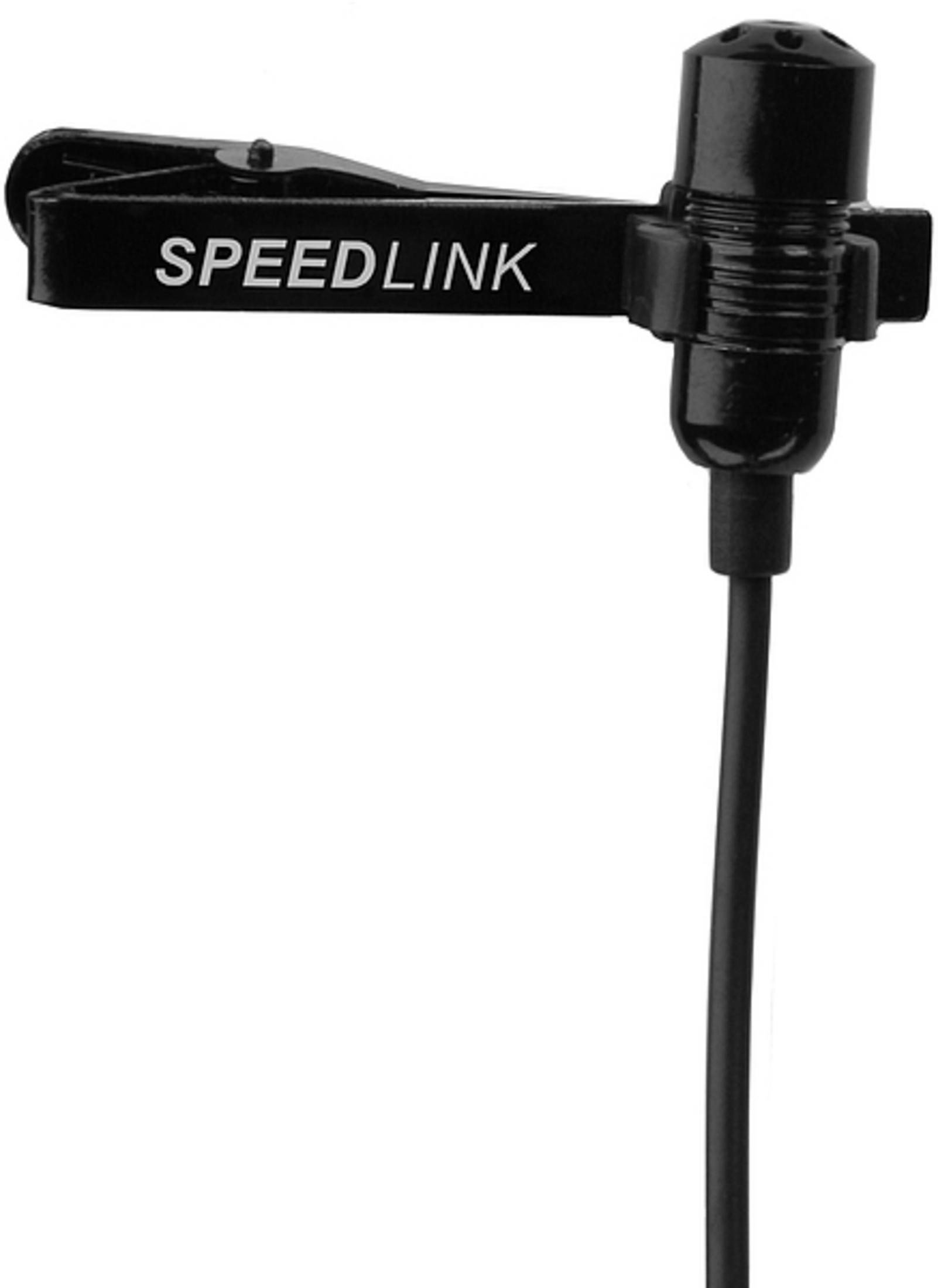 Ein schwarzes Speedlink-Lavalier-Mikrofon mit Clip. Es ist an einem leeren weißen Hintergrund befestigt.