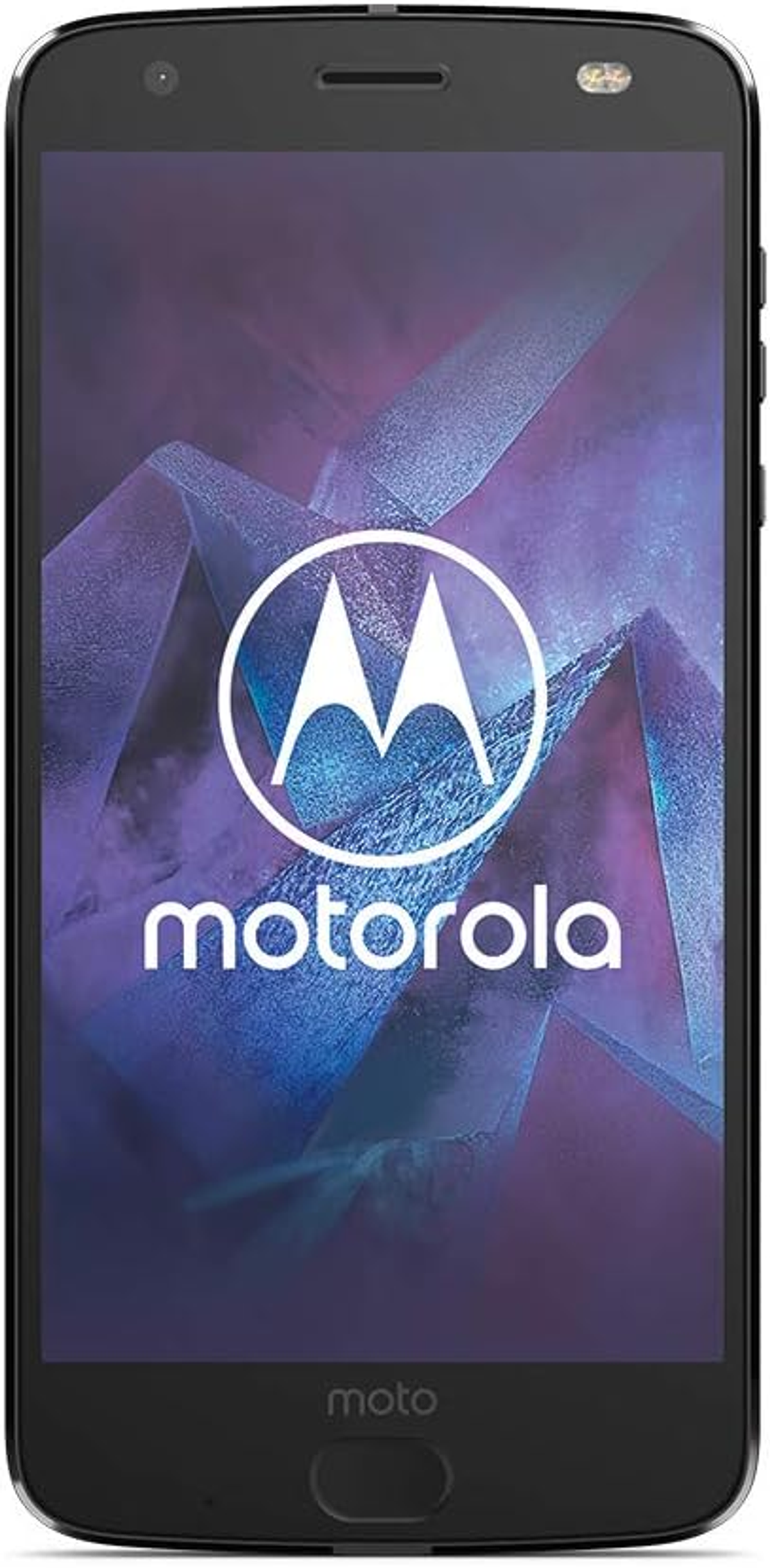 Schwarzes Motorola-Telefon mit Bildschirm, der ein weißes Motorola-Logo anzeigt. Schwarzer Rahmen. Weißer Hintergrund.