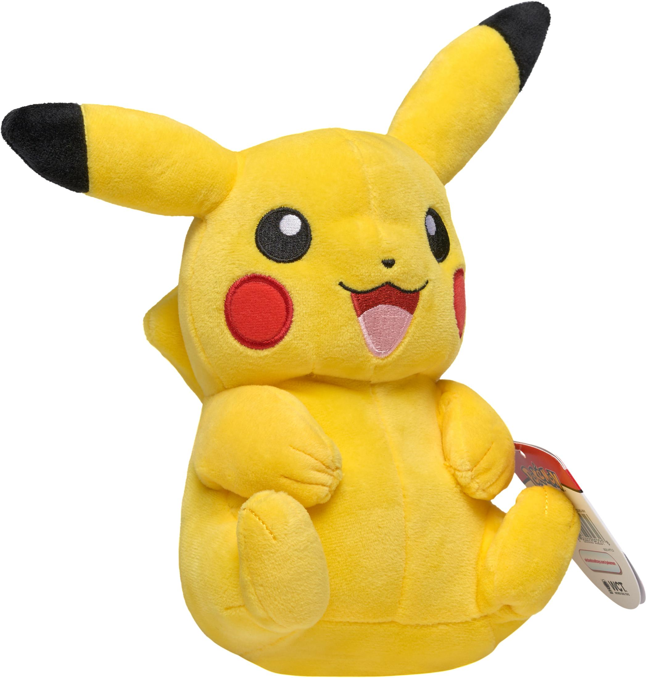 Ein gelbes Pikachu-Plüschtier. Es hat schwarzspitzige Ohren, rote Wangen und ein freundliches Lächeln.