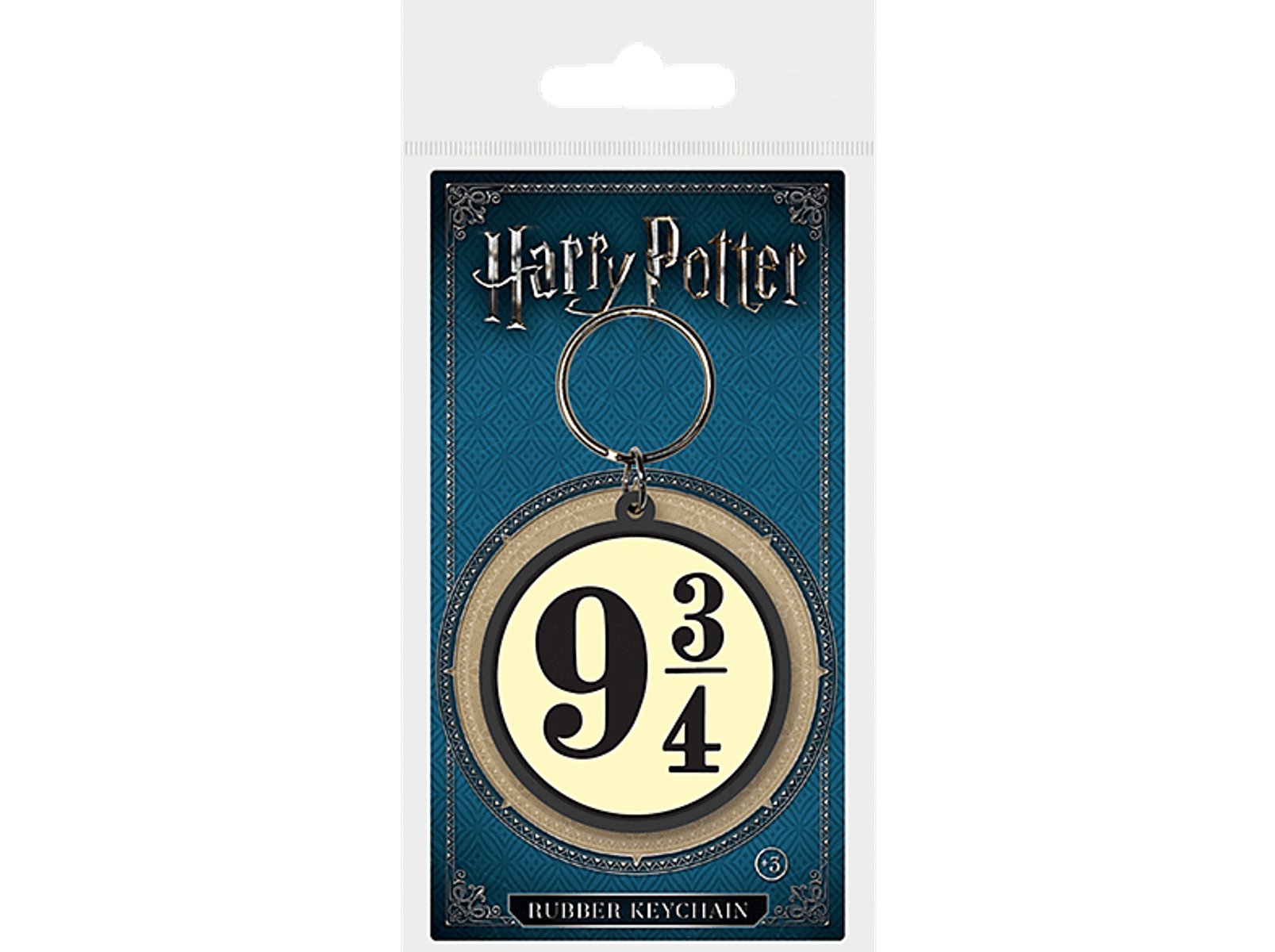 Harry Potter Schlüsselanhänger in Verpackung, zeigt die Zahl 9 3/4 auf cremefarbenem Hintergrund.