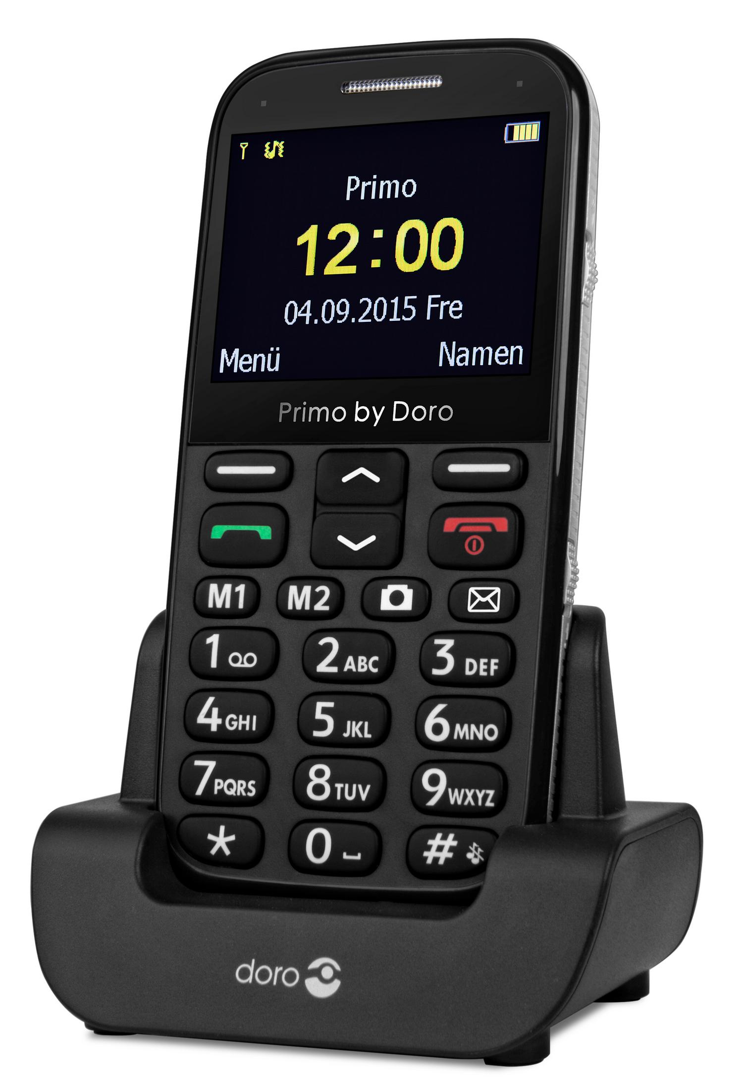 Telefono Doro nero in una base di ricarica nera, che mostra l'ora. Il telefono è intitolato 'Primo by Doro'.