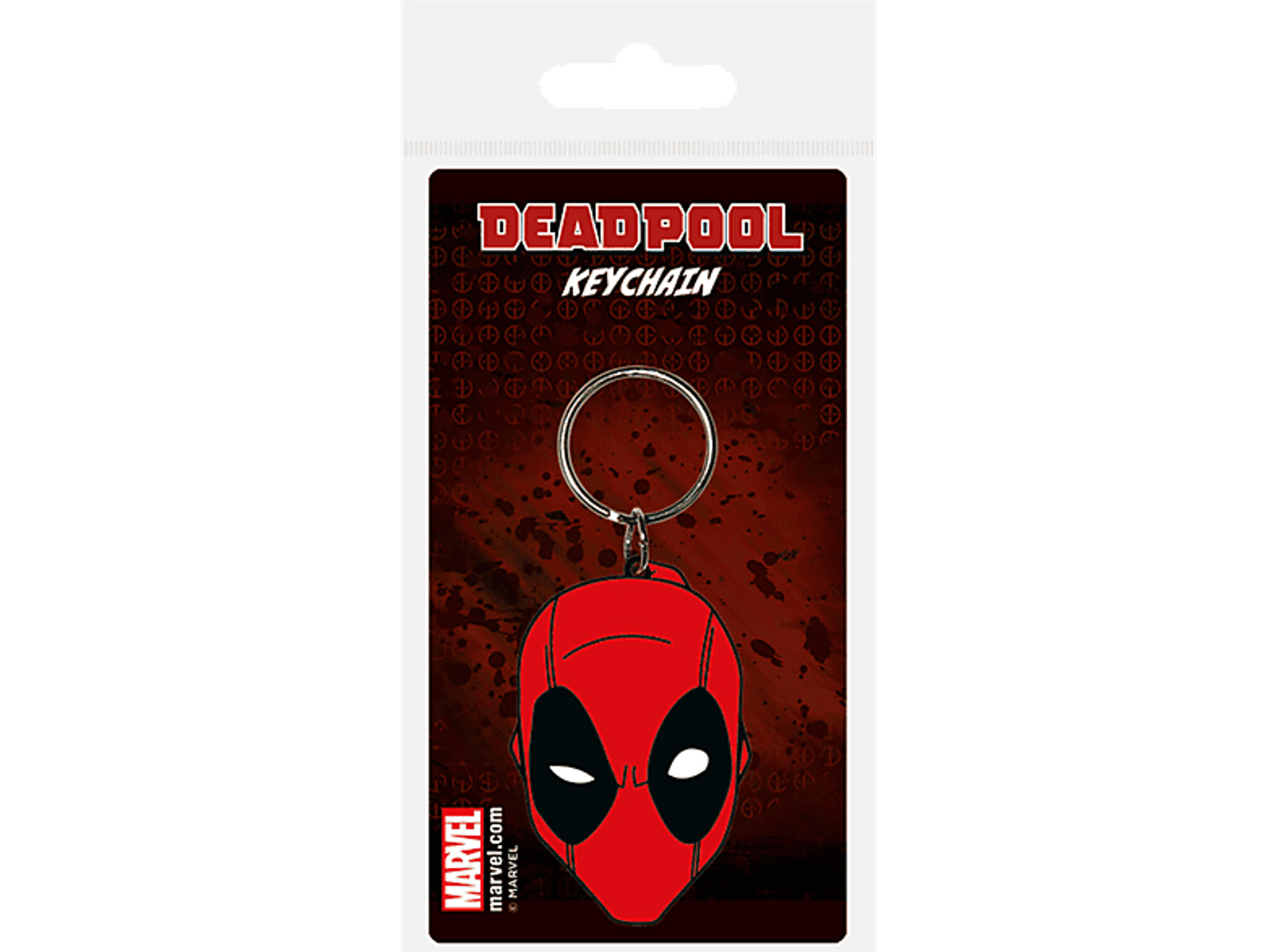 Deadpool-Schlüsselanhänger in Verpackung. Der Schlüsselanhänger ist rot mit schwarz-weißem Gesicht.