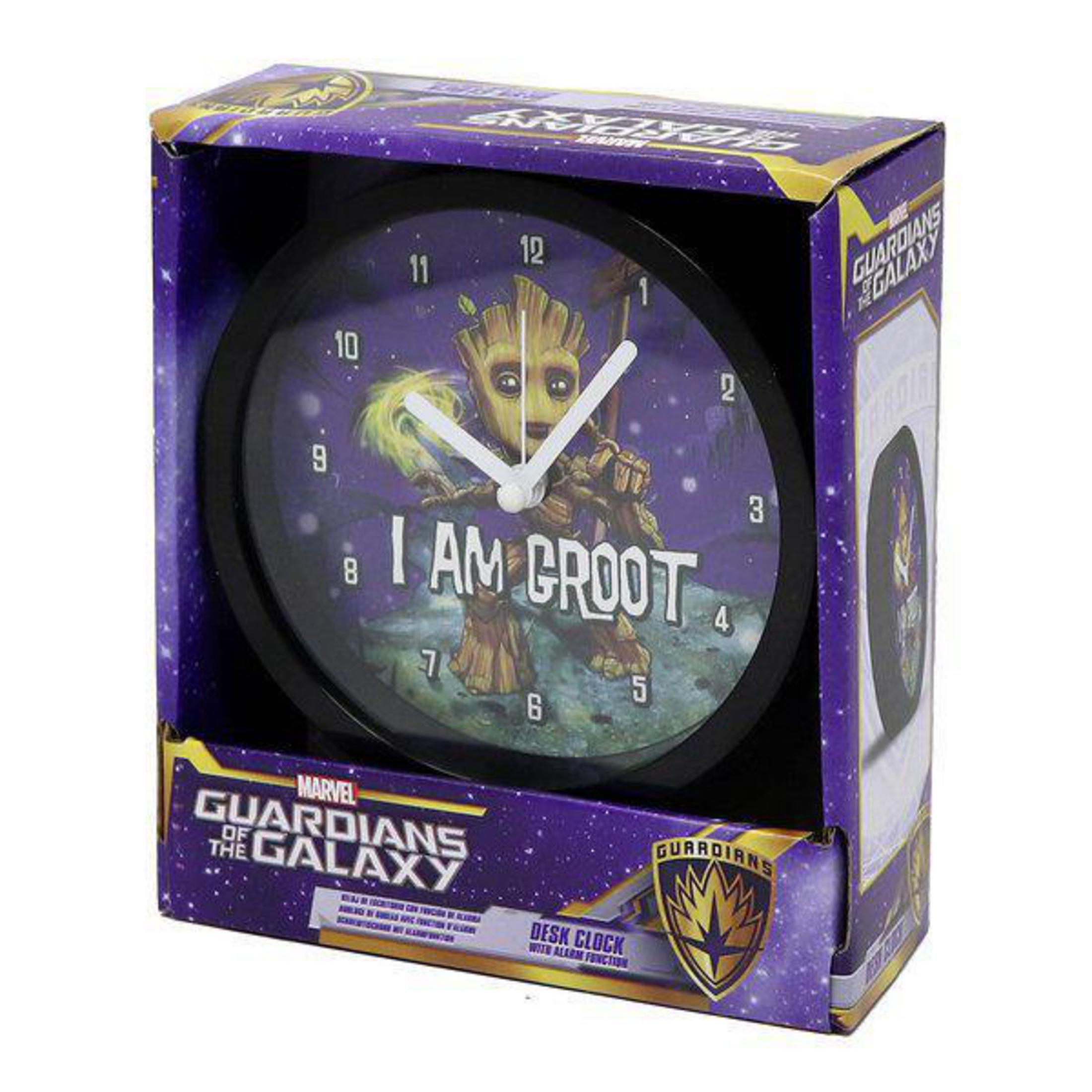 Groot-Uhr in Box mit 'Guardians of the Galaxy'-Branding. Schwarzes Ziffernblatt.