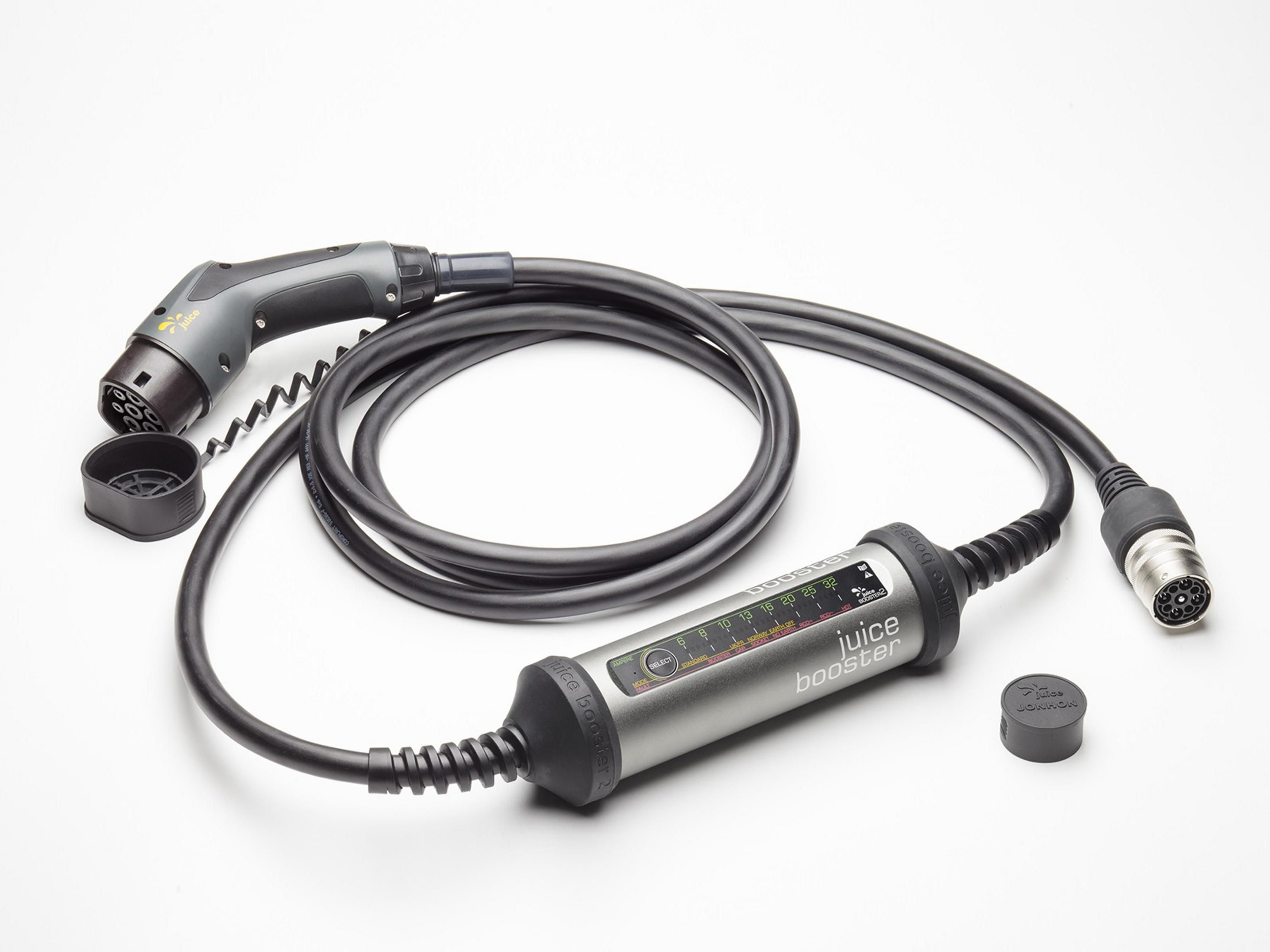 Ladekabel für Elektrofahrzeuge, mit schwarzem Kabel und grauem Steuerkasten.