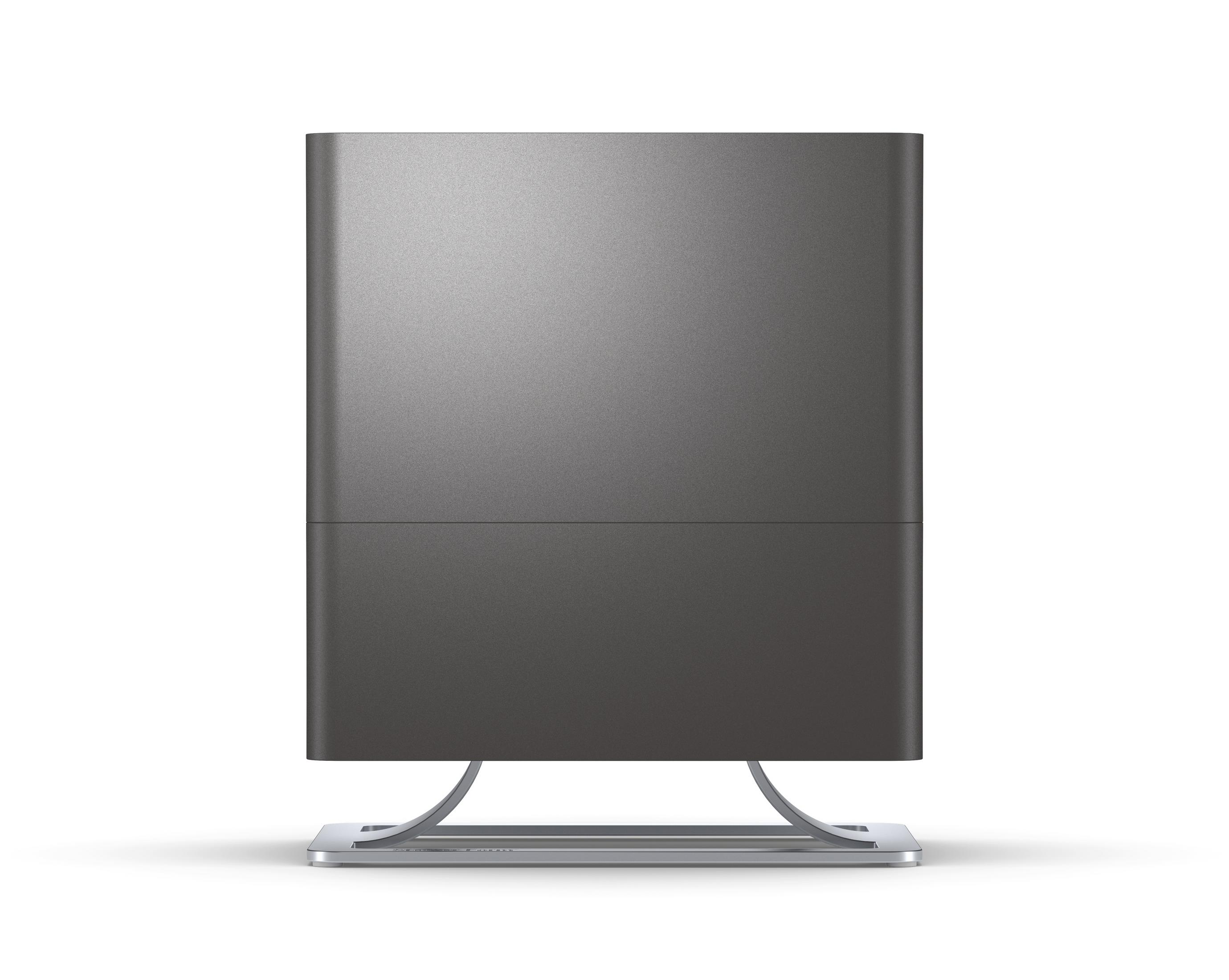 A tall, gray air purifier with a silver base, set against a white backdrop.