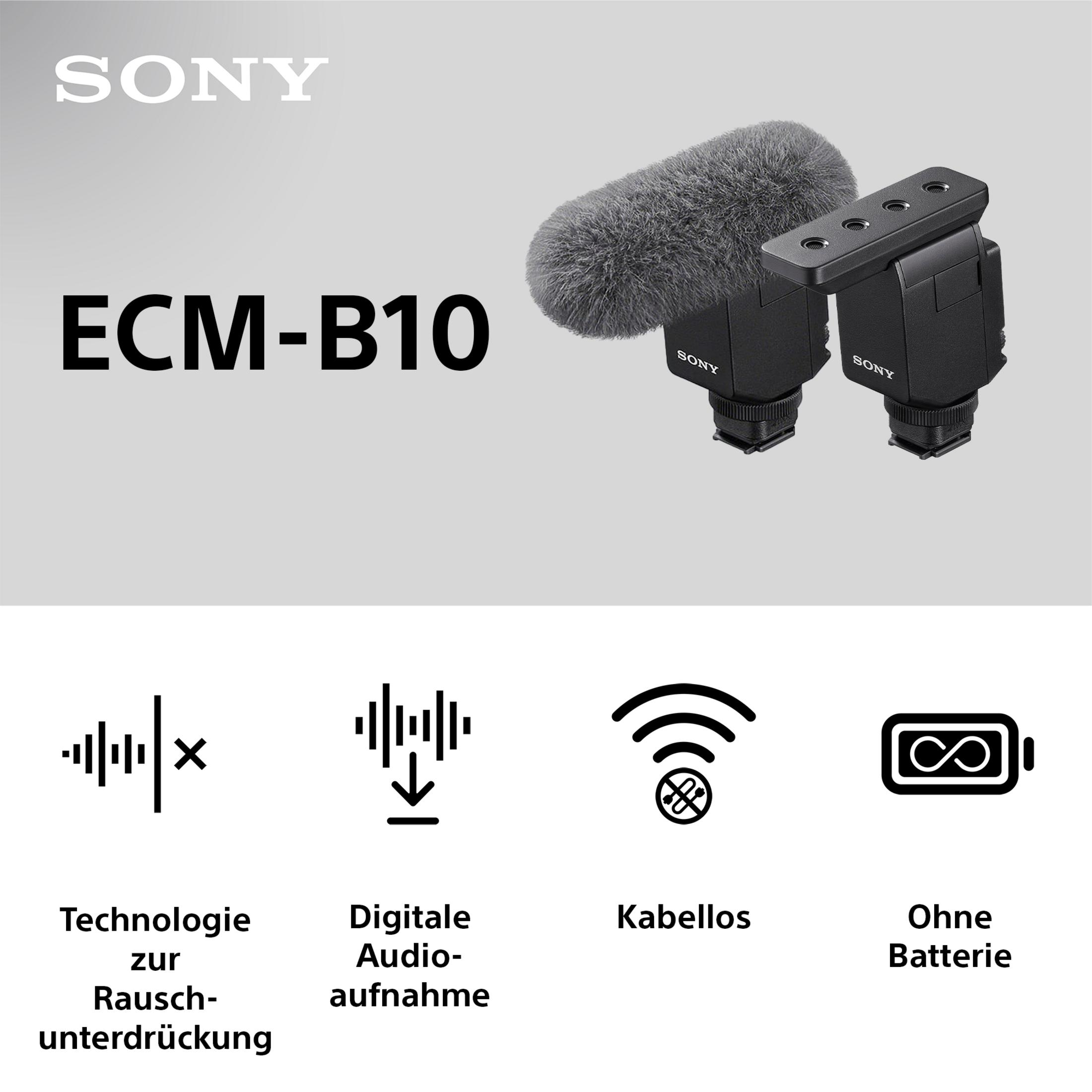 Sony ECM-B10 Mikrofon und Icons zu Rauschunterdrückung und Batterie.
