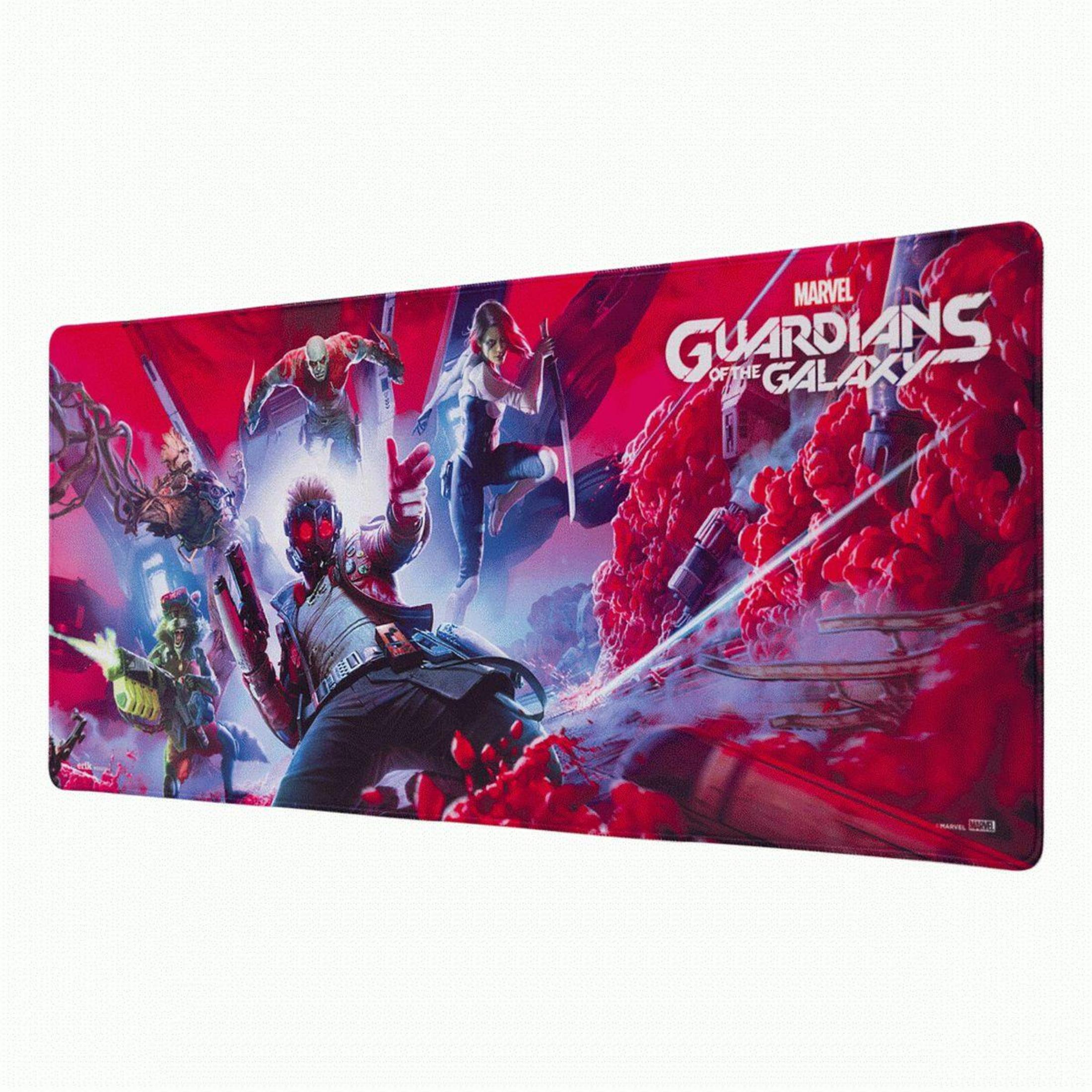 Ein Marvel Guardians of the Galaxy Mauspad auf weißem Hintergrund. Es zeigt Charaktere und Text.