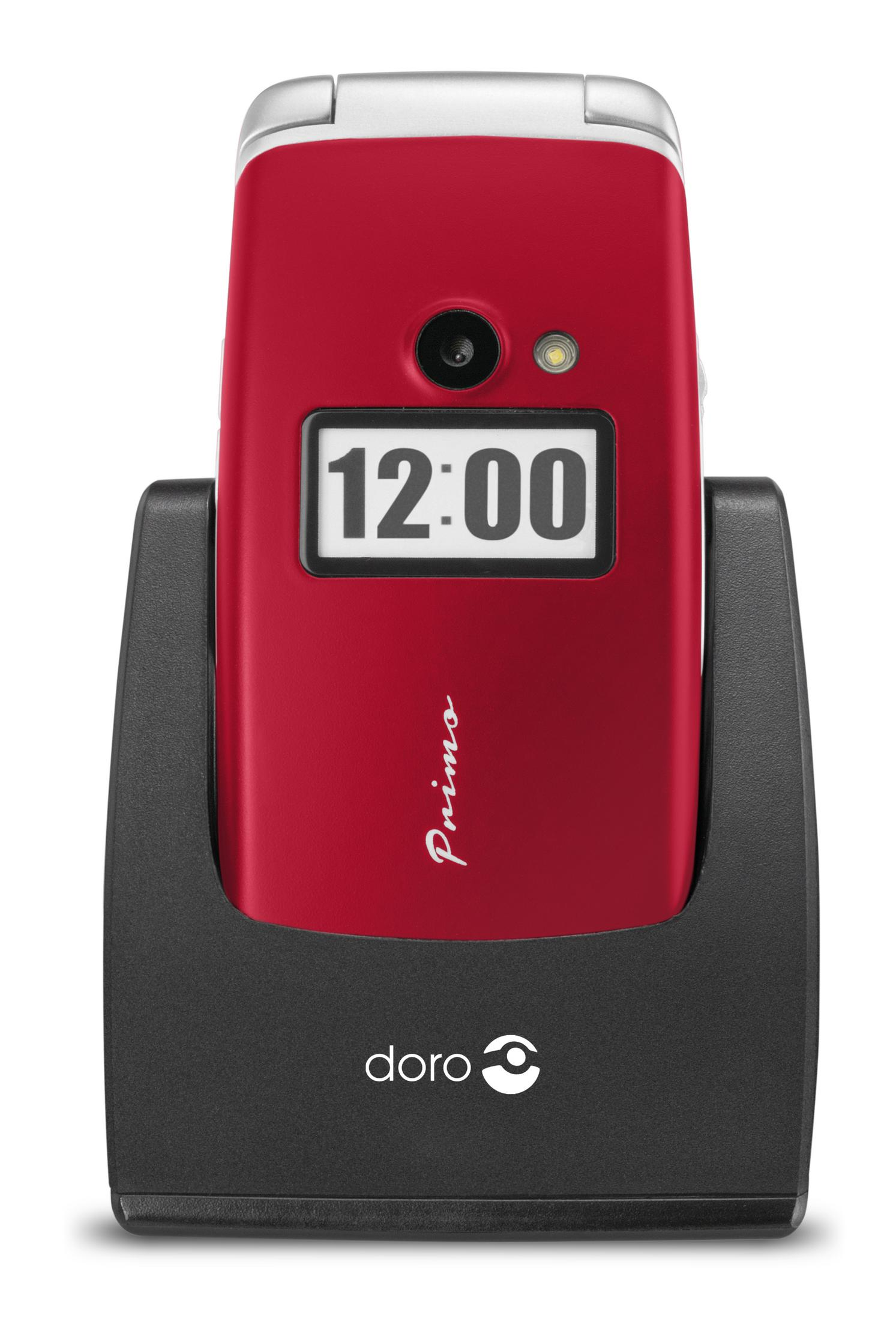 Telefono Doro Primo rosso in una base di ricarica nera. Mostra le 12:00 e ha una fotocamera. Il logo è doro.