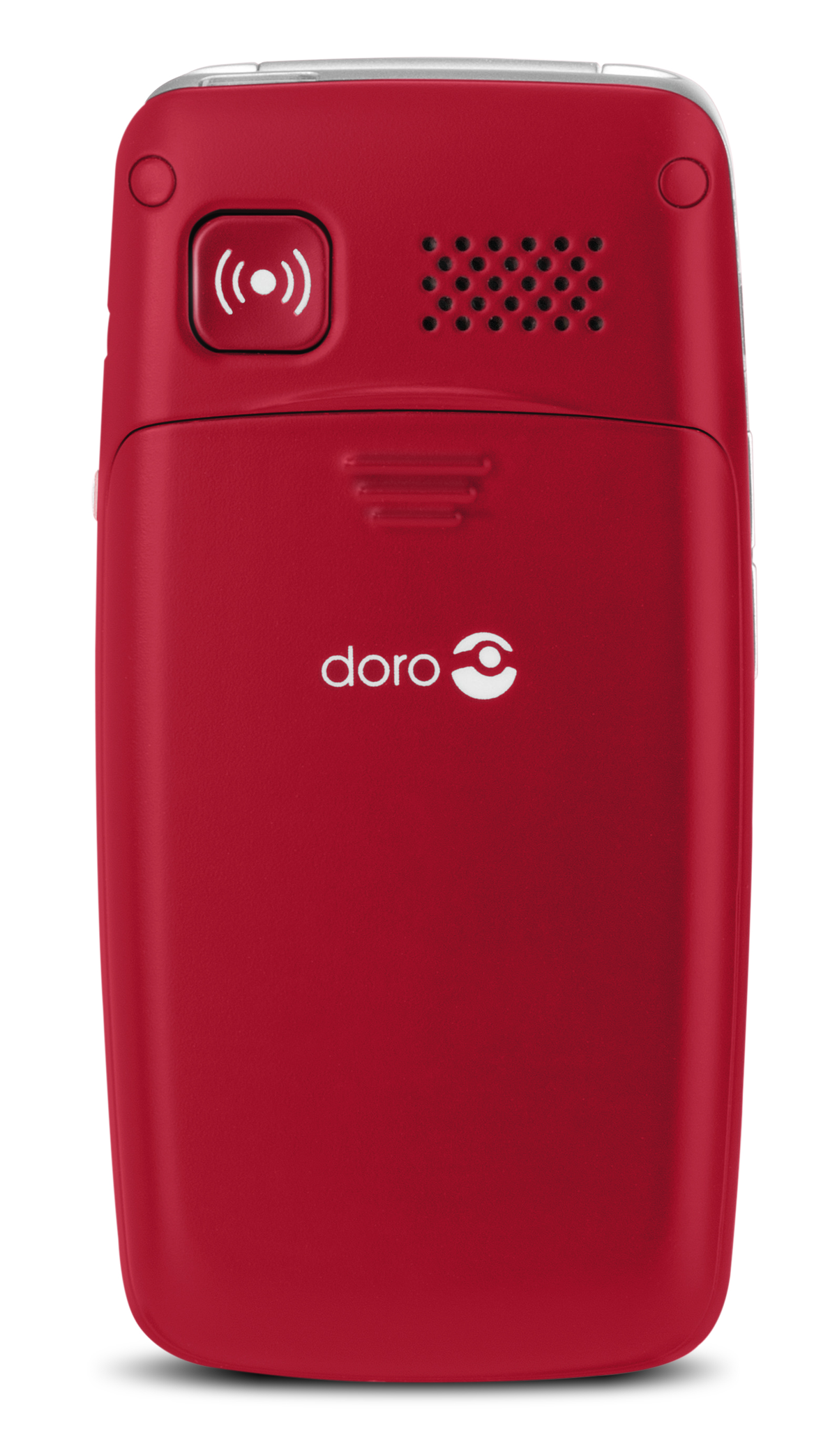 Retro del telefono Doro rosso. Mostra il logo doro, il simbolo NFC e la griglia dell'altoparlante. Nessuno schermo visibile.