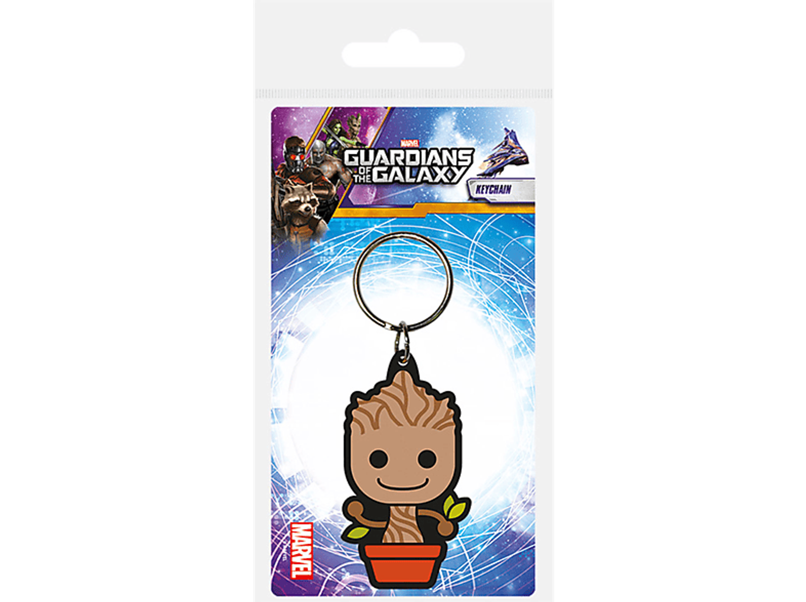 Guardians of the Galaxy-Schlüsselanhänger. Groot-Figur in einem Topf. Bunte Verpackung. Marvel-Logo.