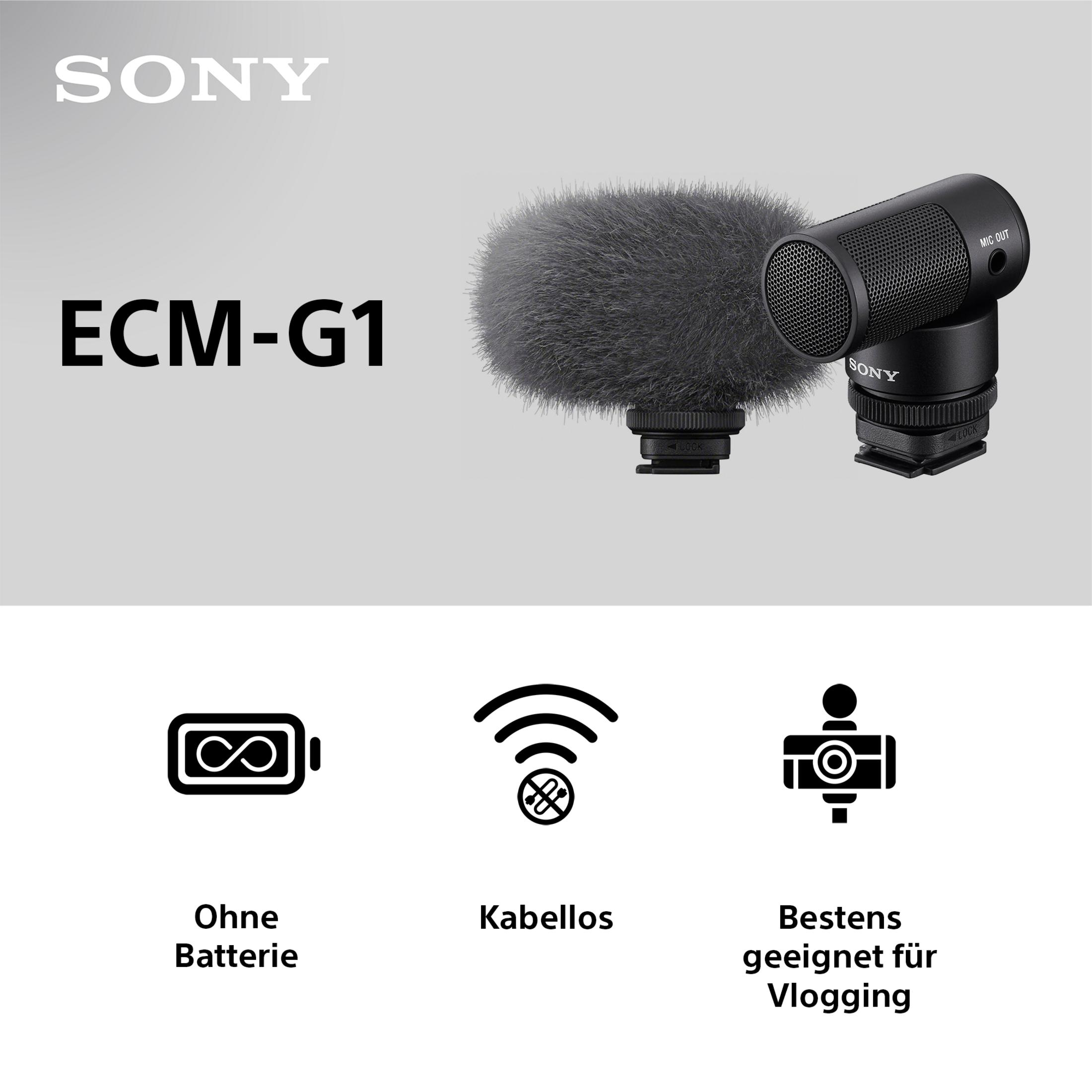 Sony ECM-G1 Mikrofon mit Text und Symbolen, auf weißem Hintergrund.