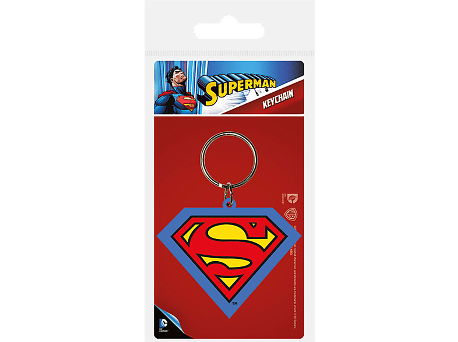 Superman-Schlüsselanhänger auf roter Karte mit Superman-Logo.