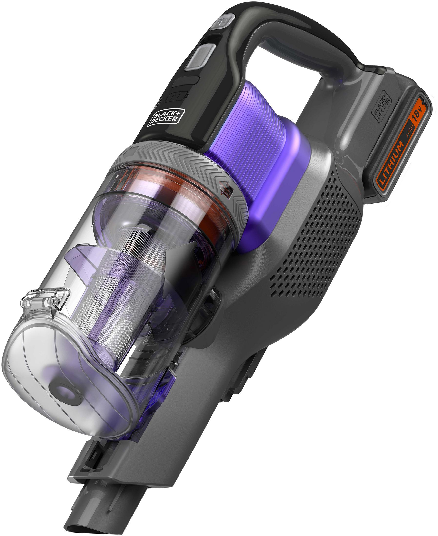 Una aspiradora Black+Decker con un depósito transparente que muestra los componentes internos.