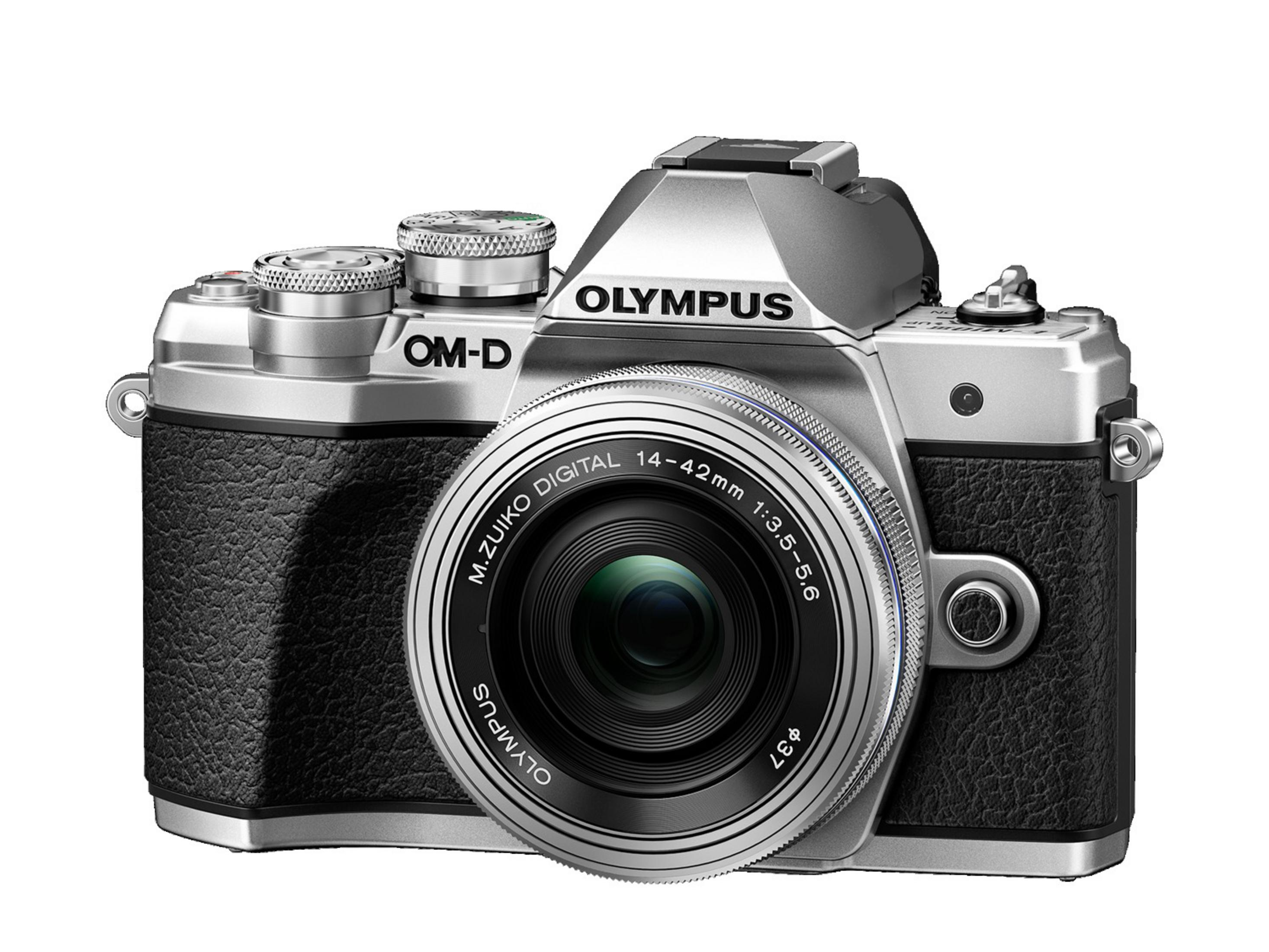 Silberne und schwarze Olympus OM-D Kamera mit Objektiv, auf weißem Hintergrund.