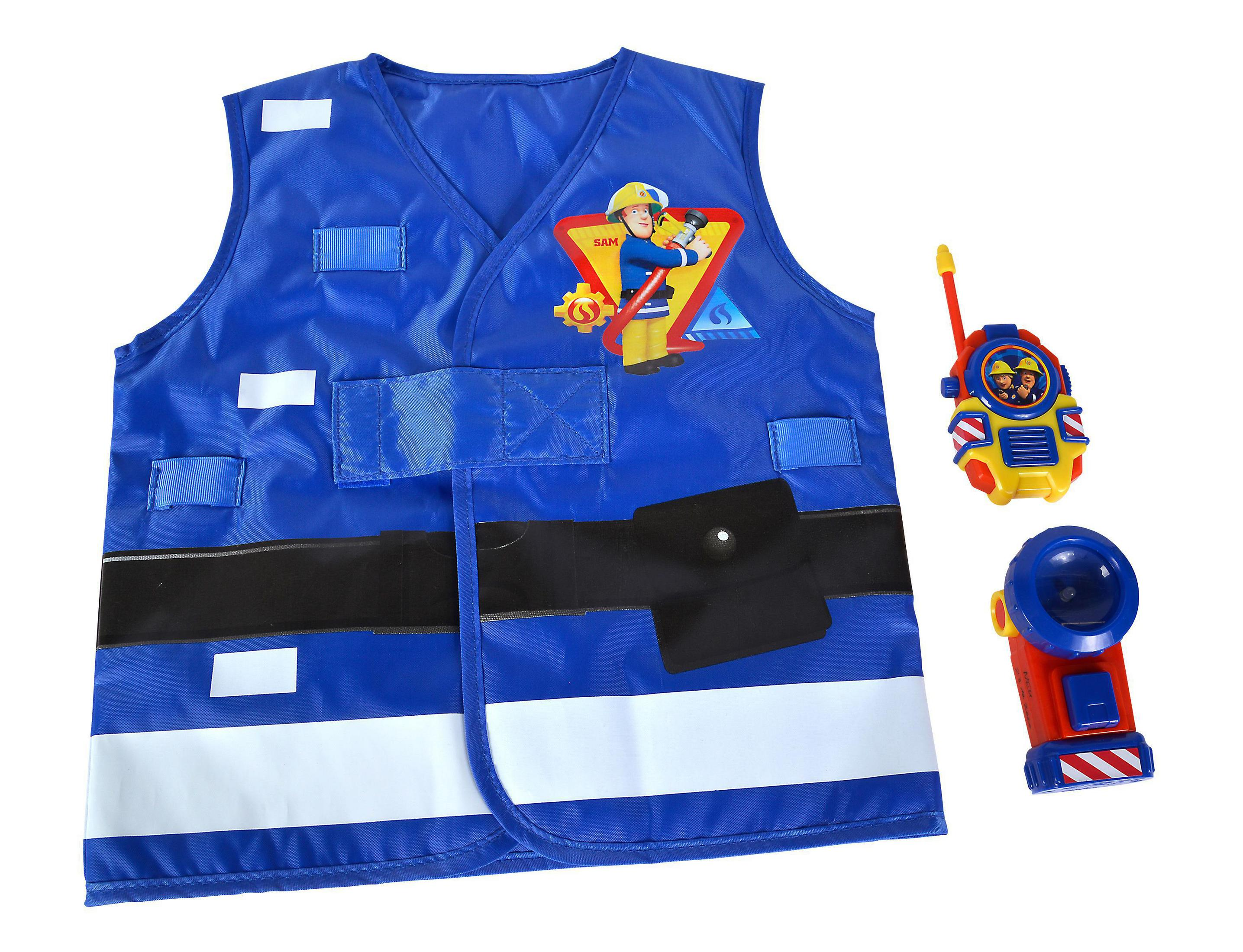 Blaue Weste mit Cartoon-Figur, Spielzeug-Walkie-Talkie und roter Taschenlampe.