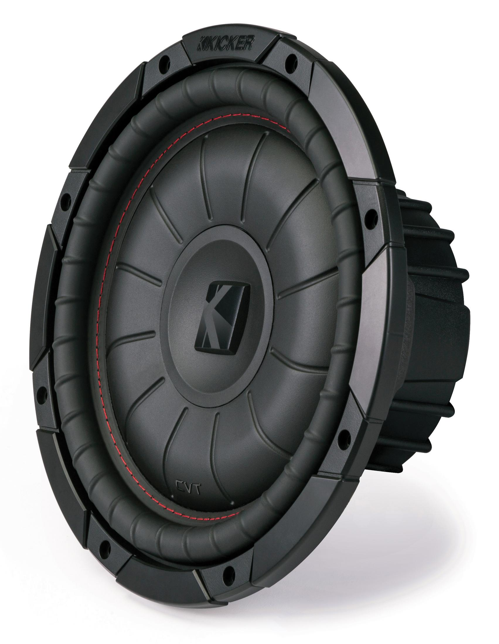Schwarzer Kicker-Subwoofer mit rot genähter Kante, vor weißem Hintergrund.