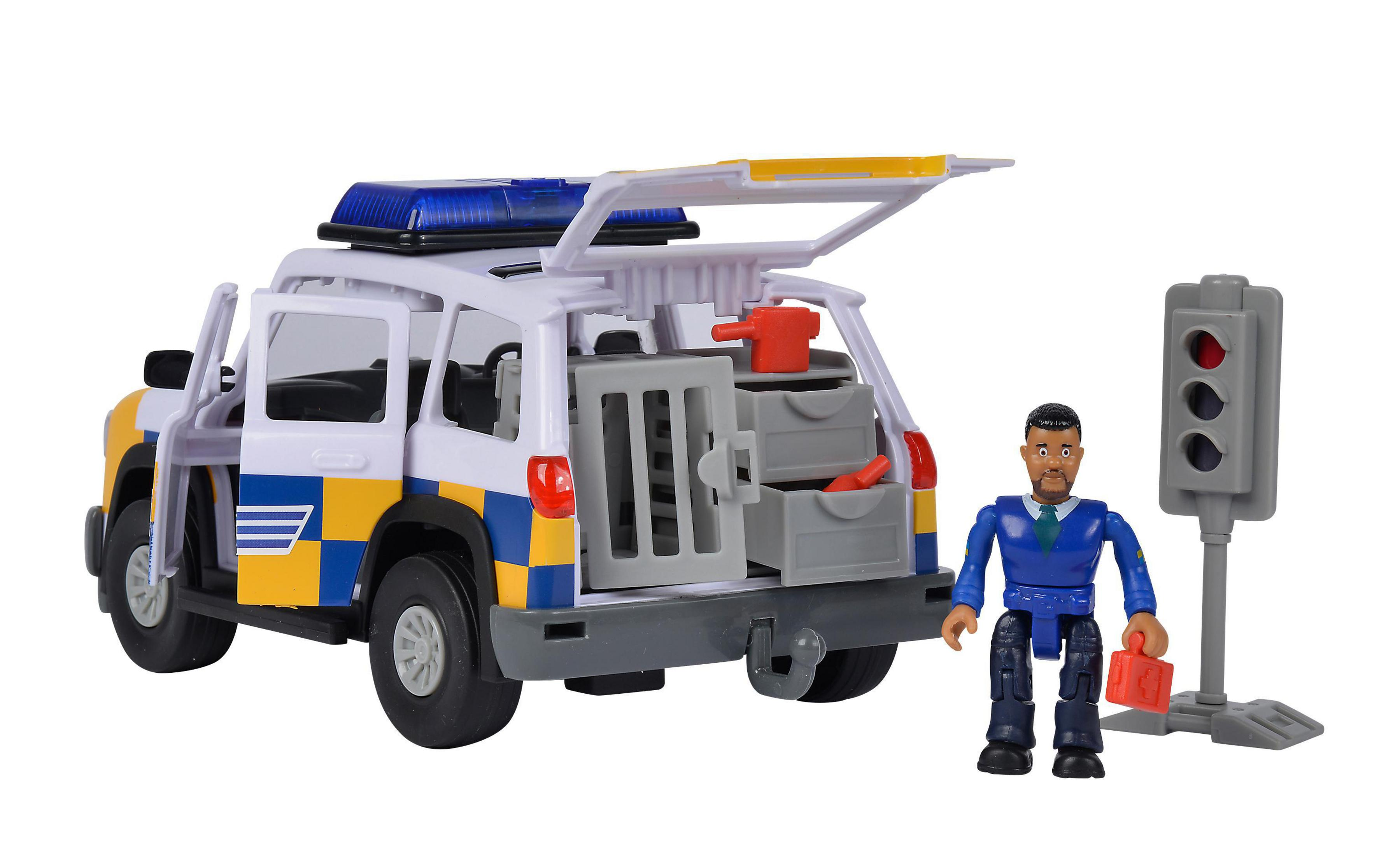 Spielzeug-Polizeiwagen mit offenem Heck. Eine Figur steht daneben mit einer Ampel und einer Kiste.
