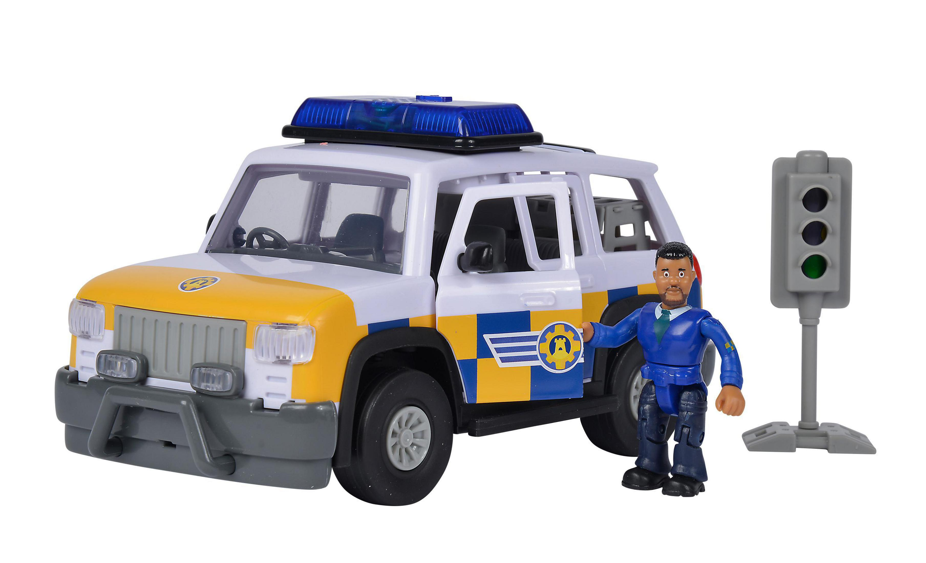 Spielzeug-Polizeiauto mit Polizistenfigur und Ampel.