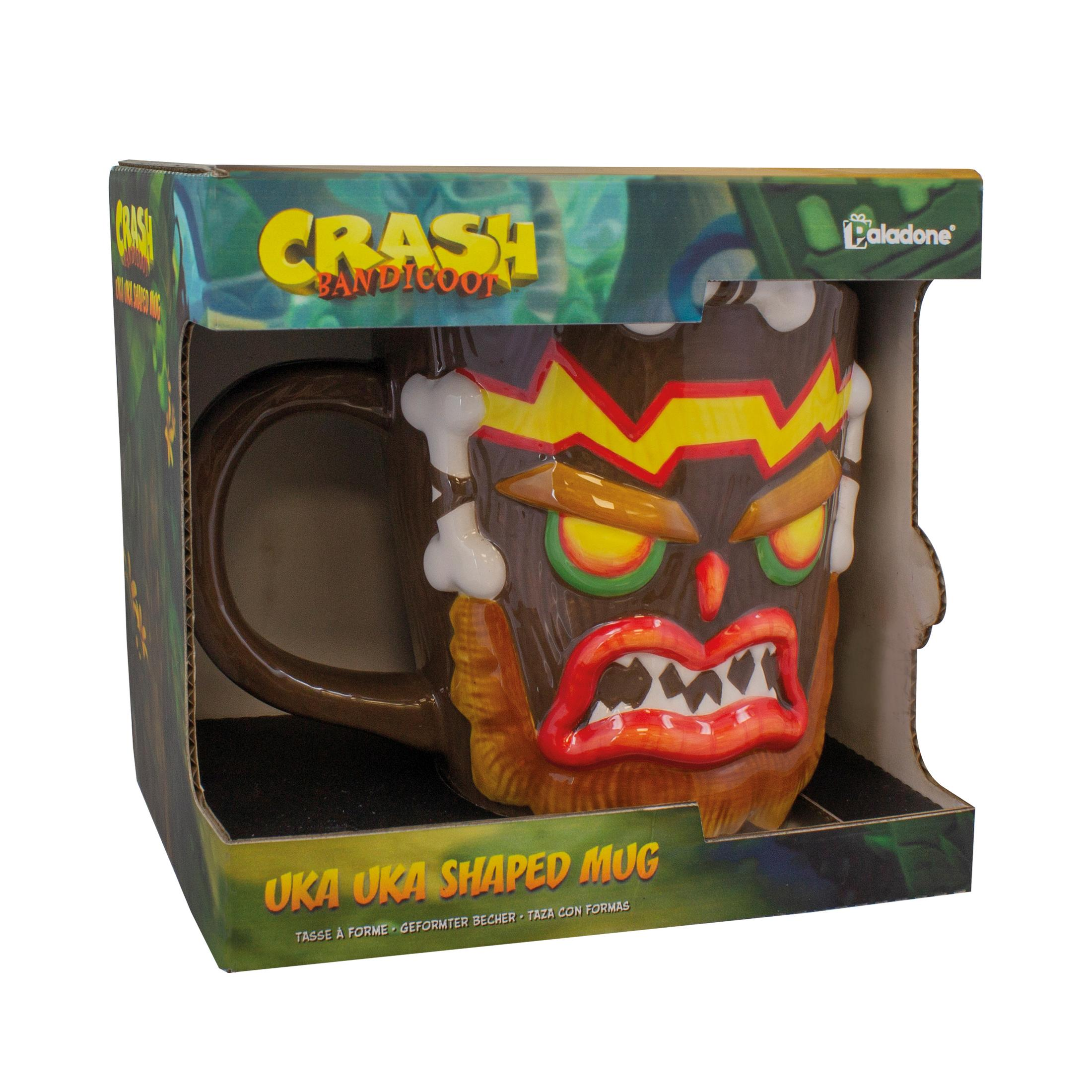 Uka Uka-Tasse in der Box; braune Tasse mit Masken-Design.