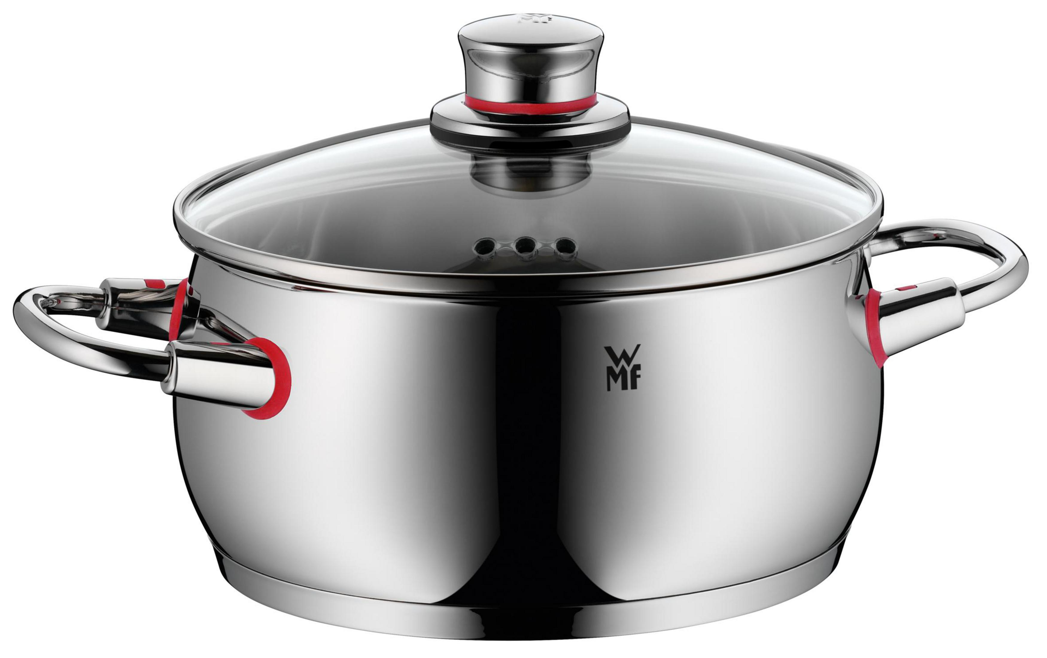 Une casserole en acier inoxydable avec un couvercle en verre et des touches de rouge sur les poignées.