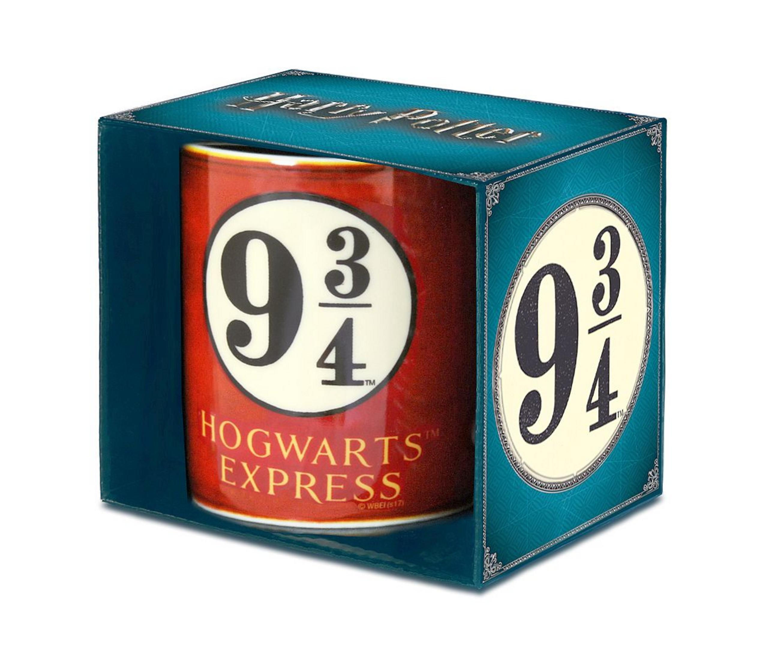 Harry Potter Hogwarts Express Tasse in einer Box. Rote Tasse, blaue Box. Weißer Hintergrund.