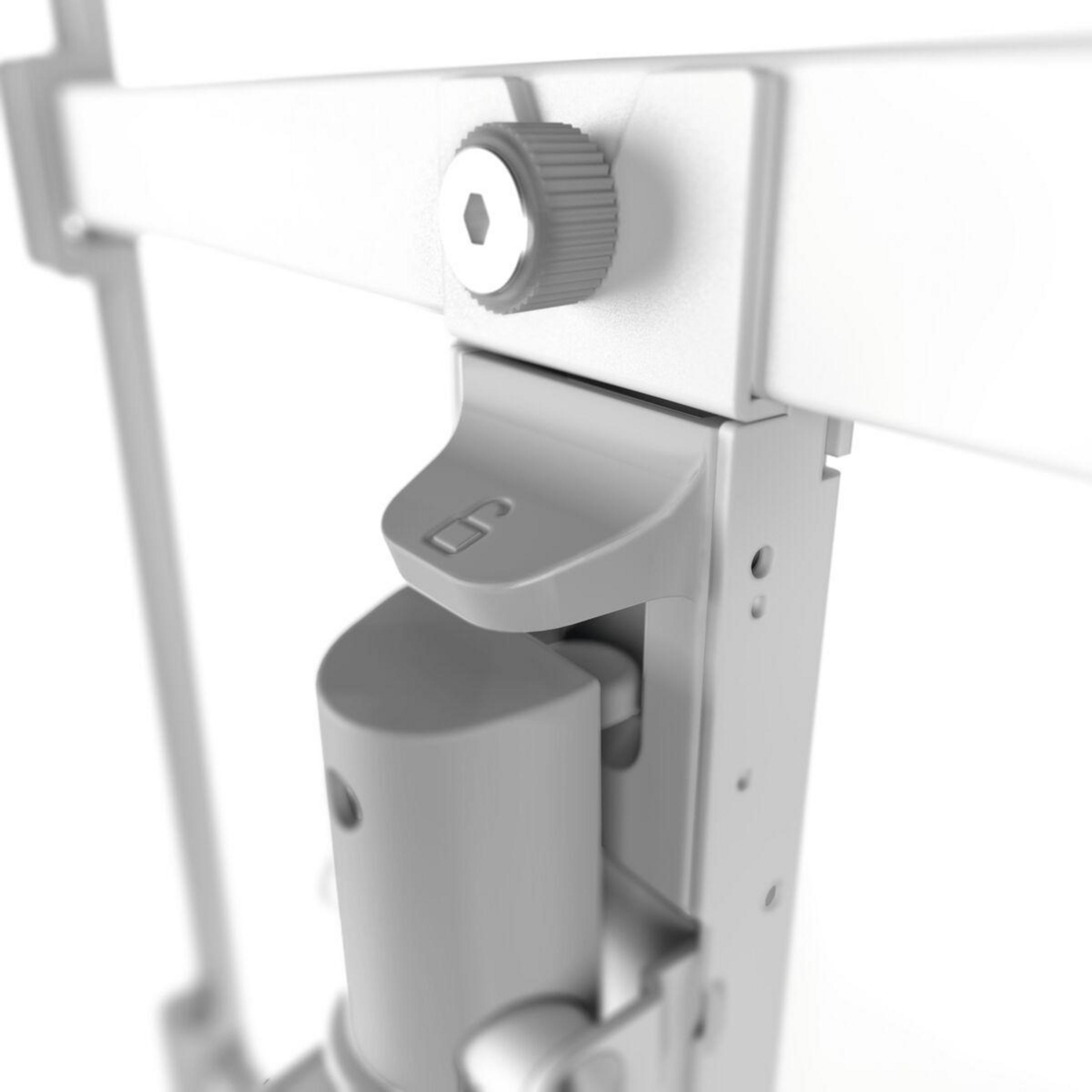 Zbliżenie białego metalowego zawiasu z szarą dźwignią i śrubą.