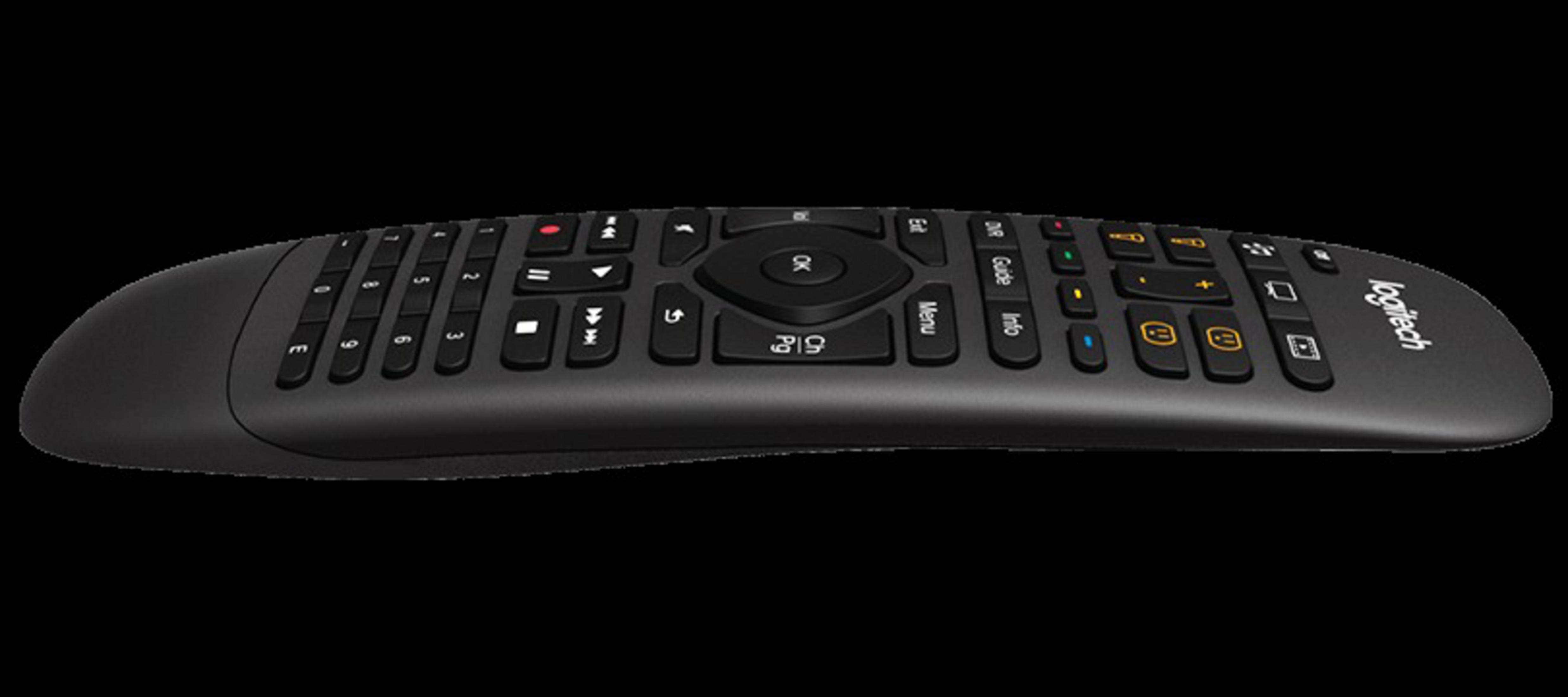 Schwarze Logitech Fernbedienung auf schwarzem Hintergrund. Sie hat Knöpfe und eine gebogene Form.