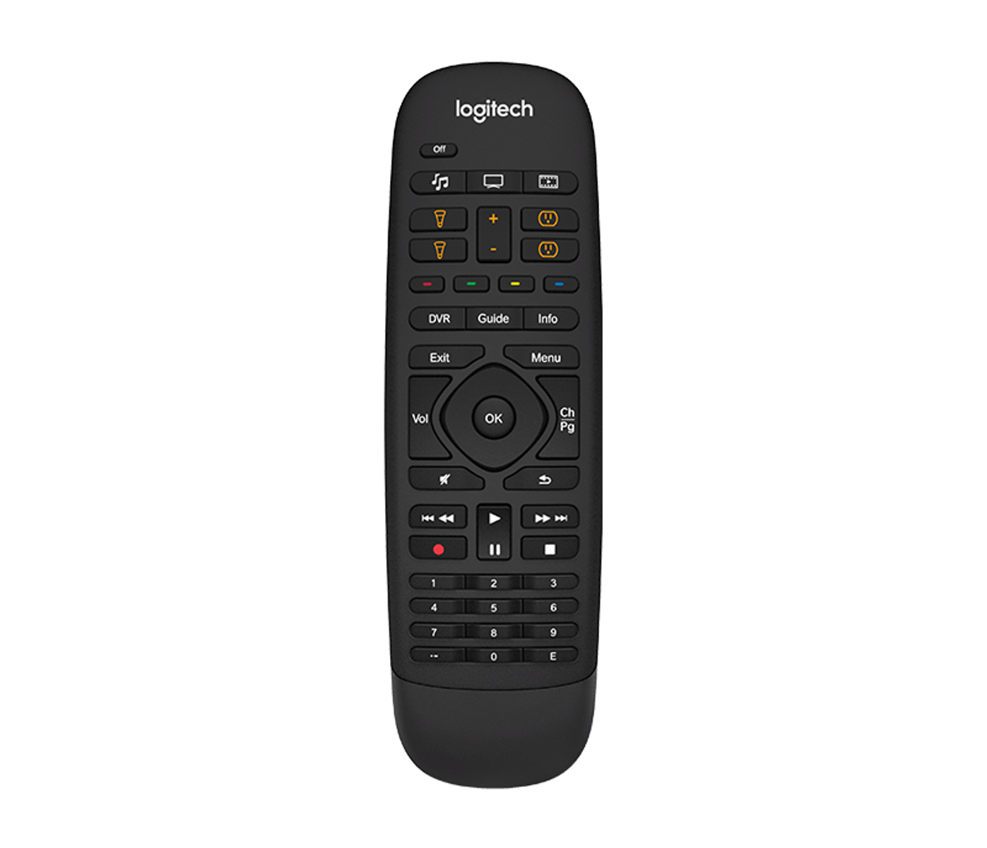 Eine schwarze Logitech-Fernbedienung mit verschiedenen Knöpfen auf weißem Grund.