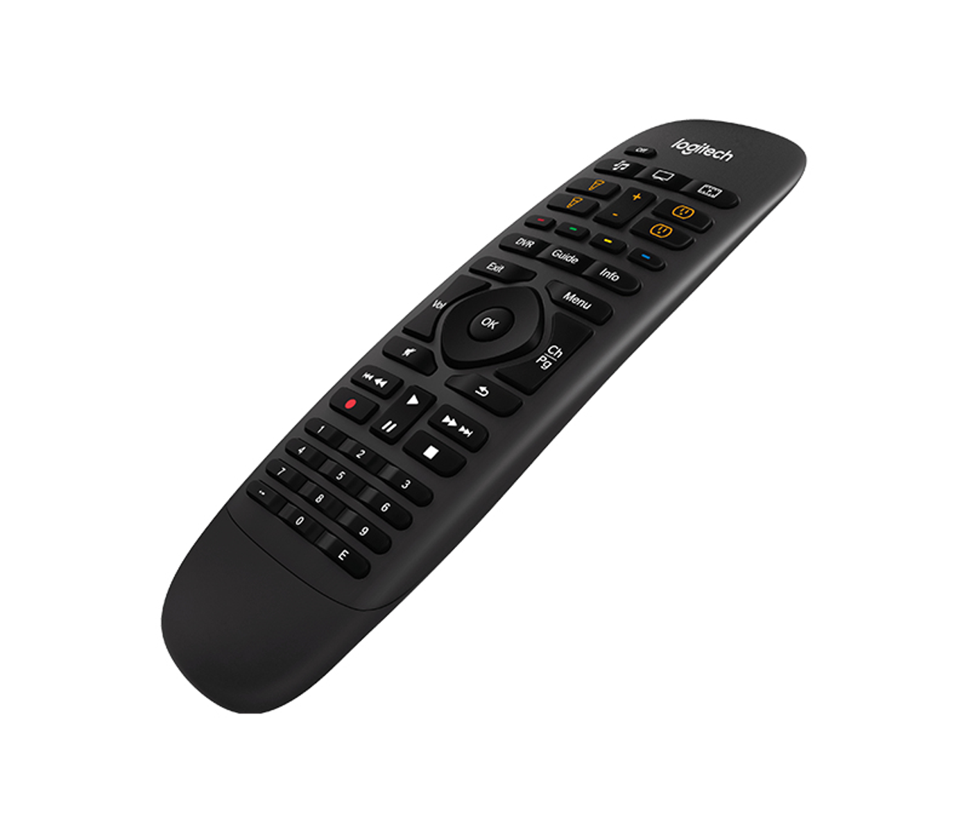 Schwarze Fernbedienung mit mehreren Tasten. Die Marke Logitech ist oben sichtbar.