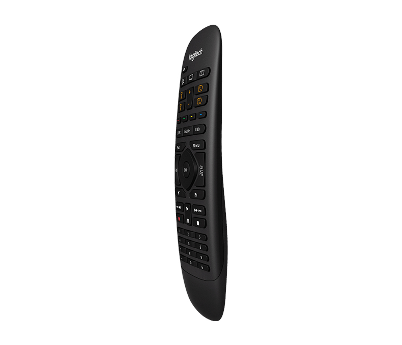 Schwarze Logitech-Fernbedienung, leicht angewinkelt. Sie hat mehrere Tasten auf der Vorder- und Seite.