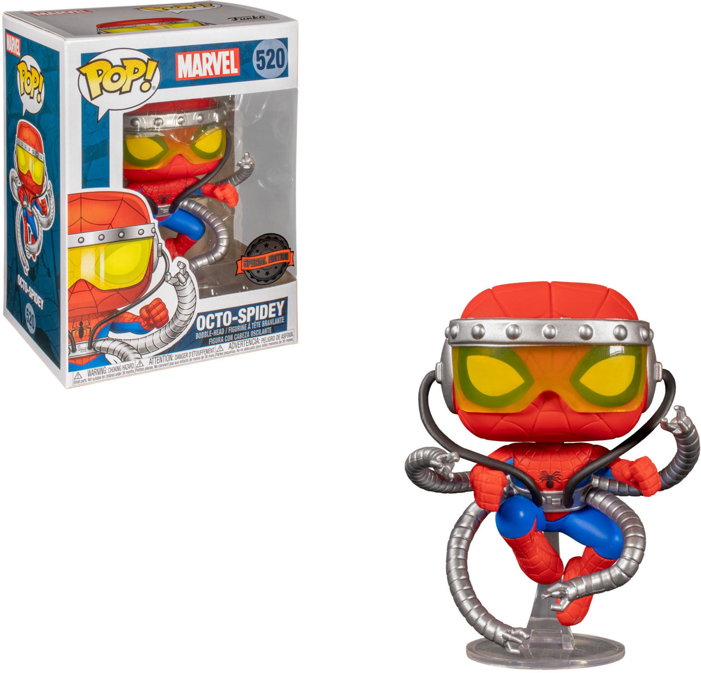Octo-Spidey Funko Pop Figur. Ein roter Spider-Man mit Roboterarmen neben der Verpackung.