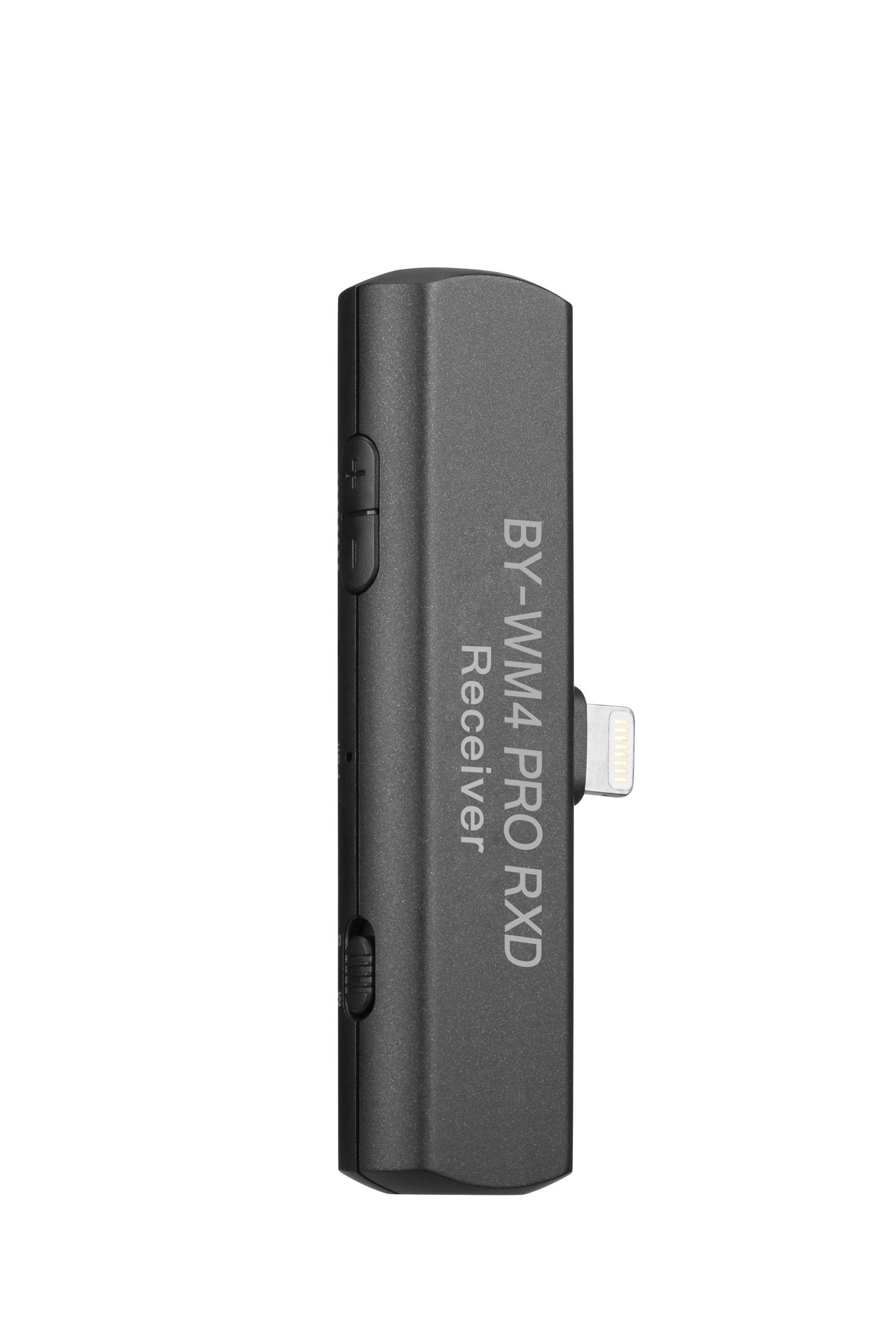 Ein schwarzer Empfänger mit Lightning-Anschluss, beschriftet mit "BY-WM4 PRO RXD Receiver".