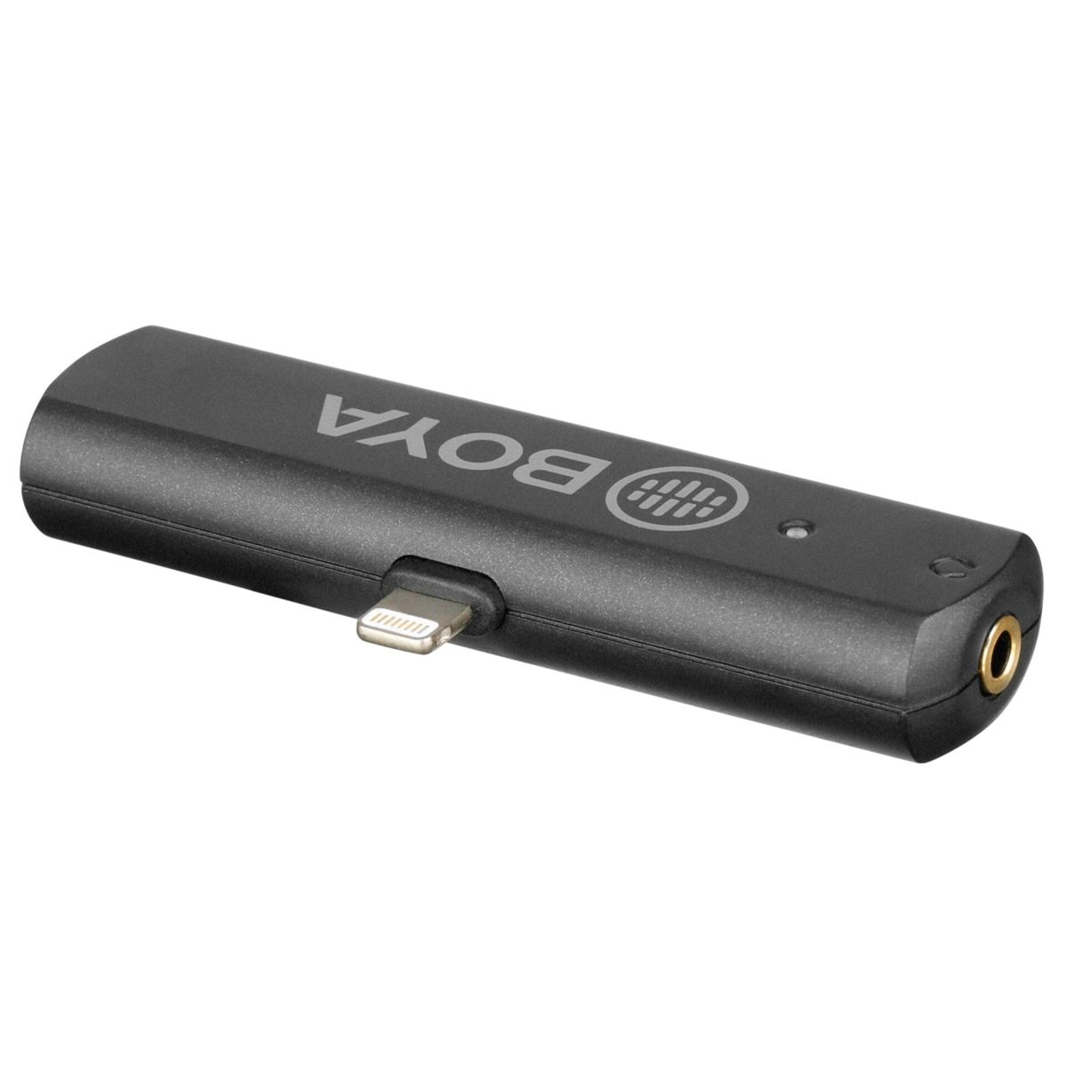 Schwarzer Audioadapter mit Lightning-Anschluss und Klinke.