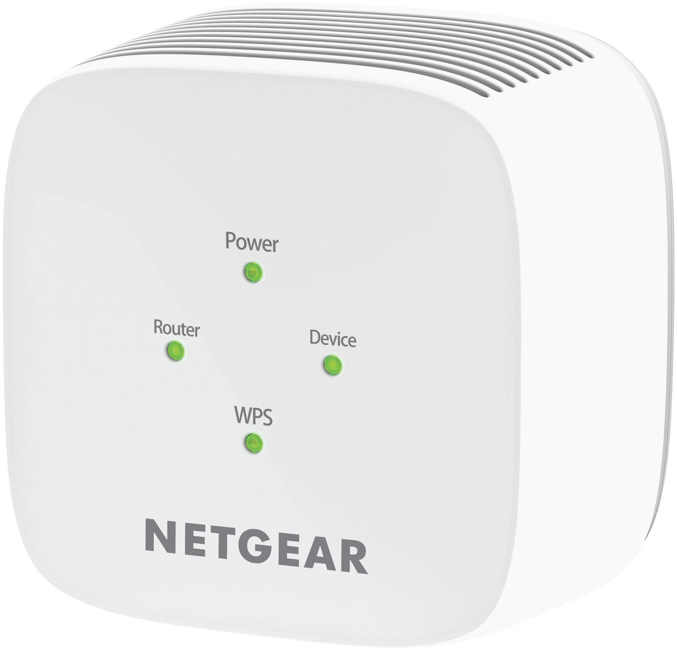 Extenseur de réseau NETGEAR blanc avec voyants verts.