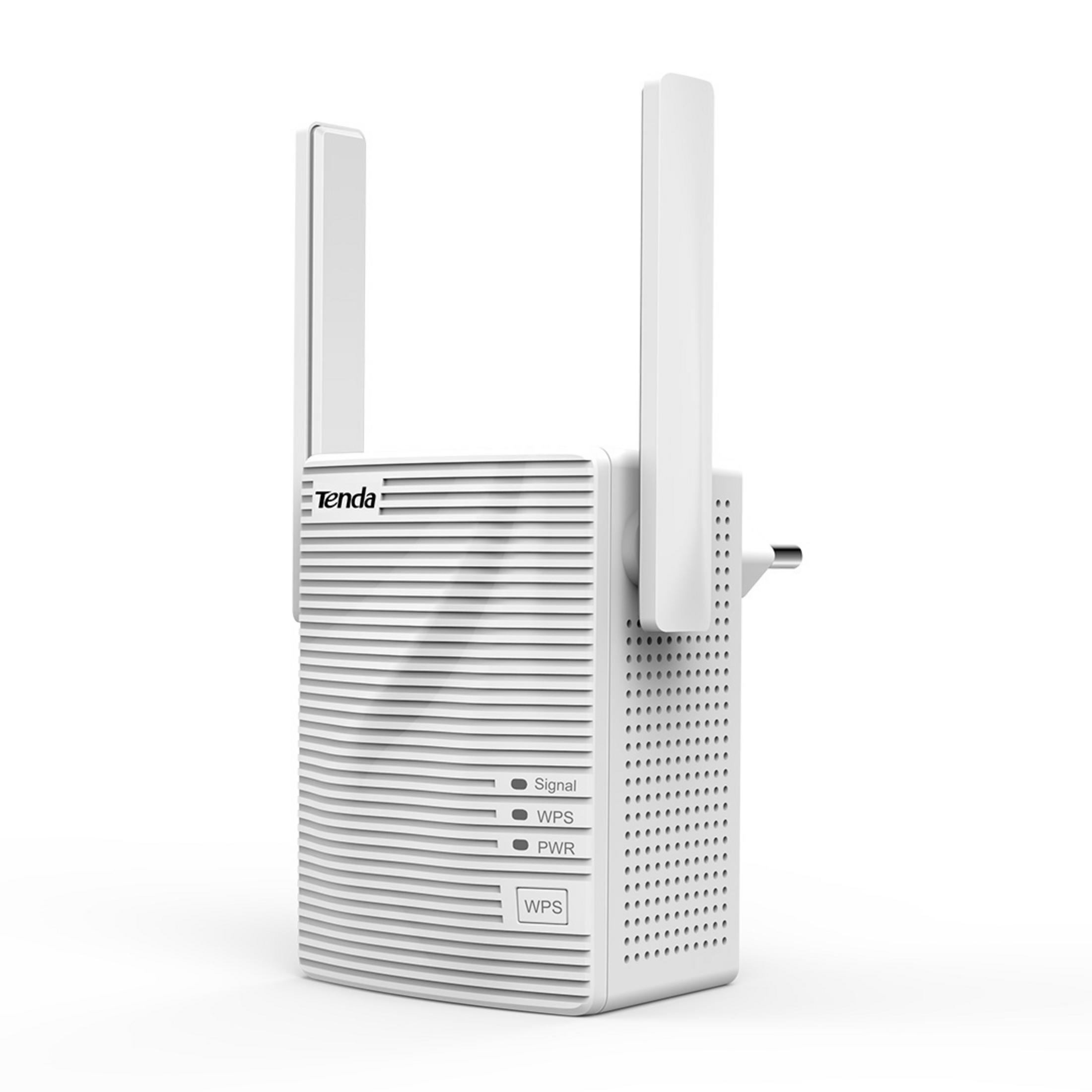 Router wireless bianco. Due antenne. Luci di segnale, WPS e PWR sulla parte anteriore.