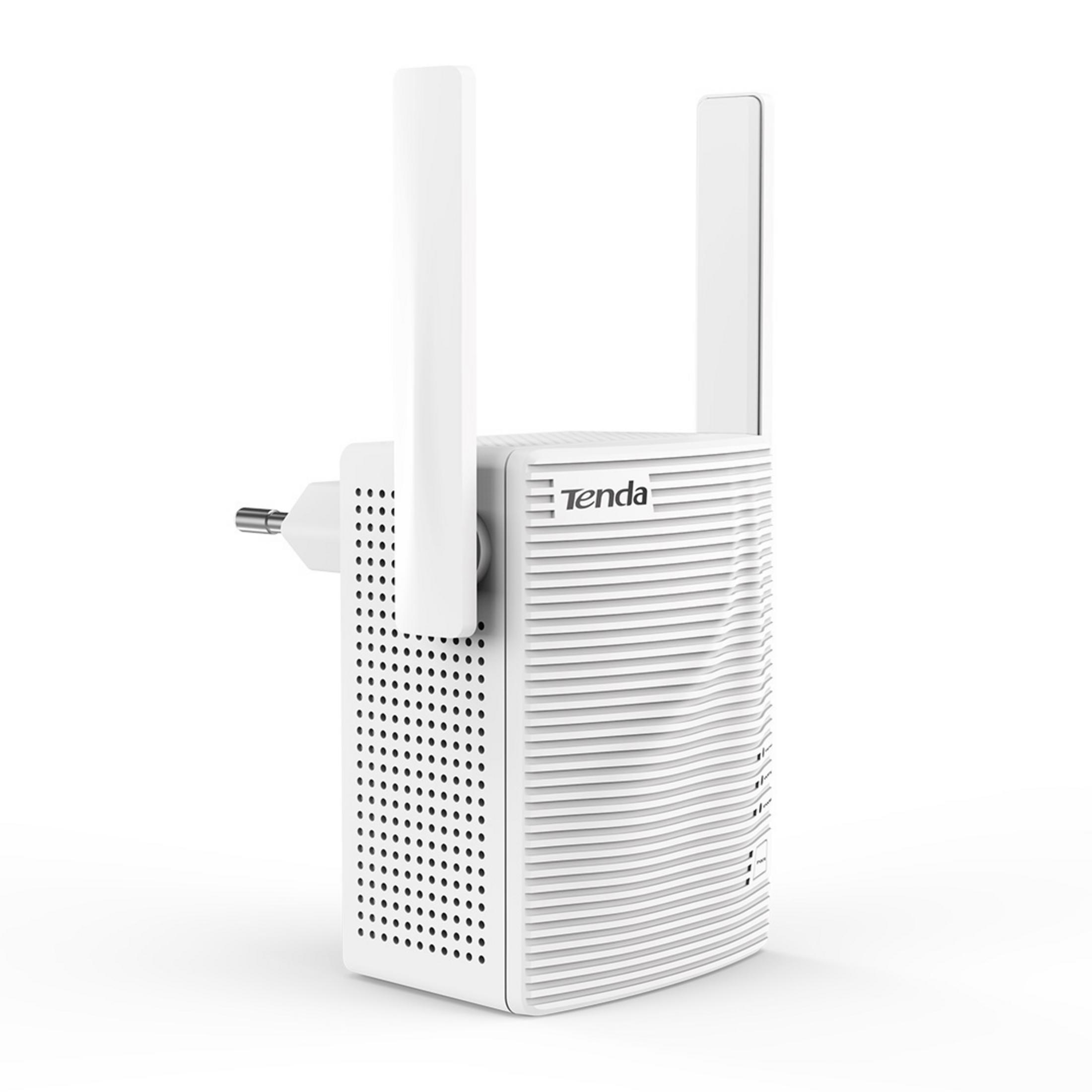 Extender WiFi Tenda bianco con due antenne e spina, su sfondo bianco.