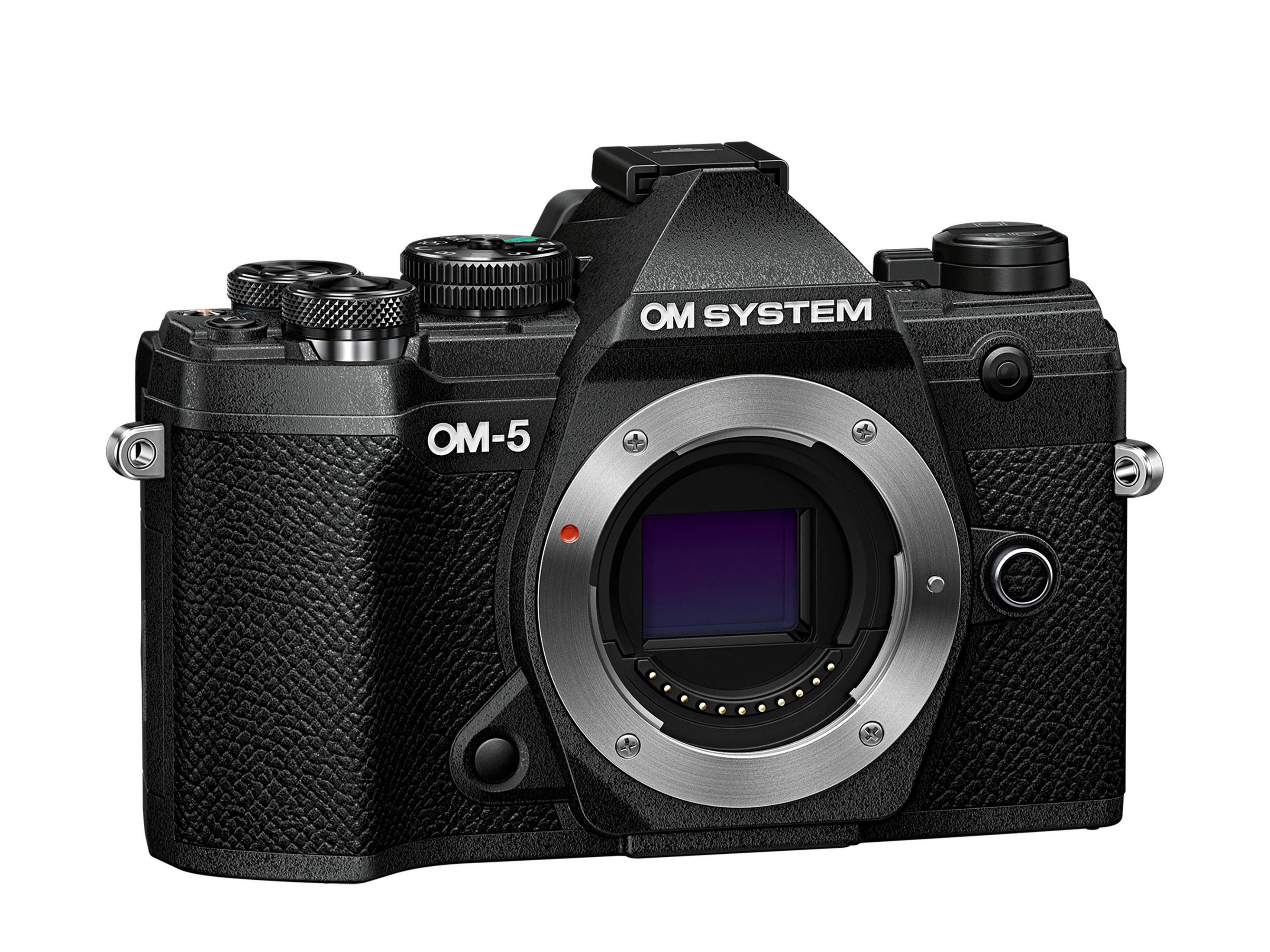 Black OM System camera. Displays the OM-5 model name and system logo.