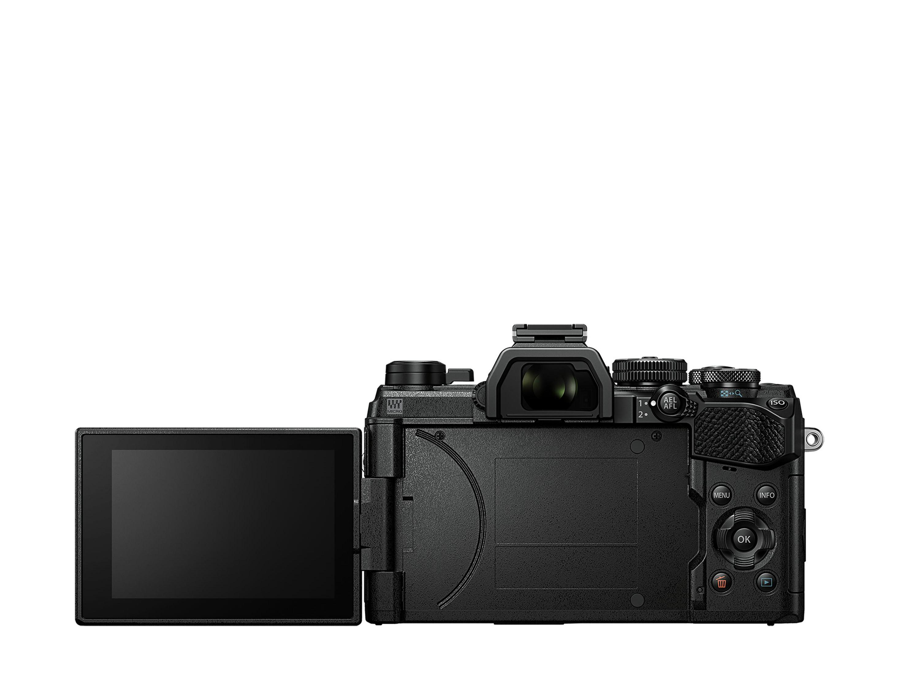 Black camera with the screen open, showing the back of the camera with buttons.