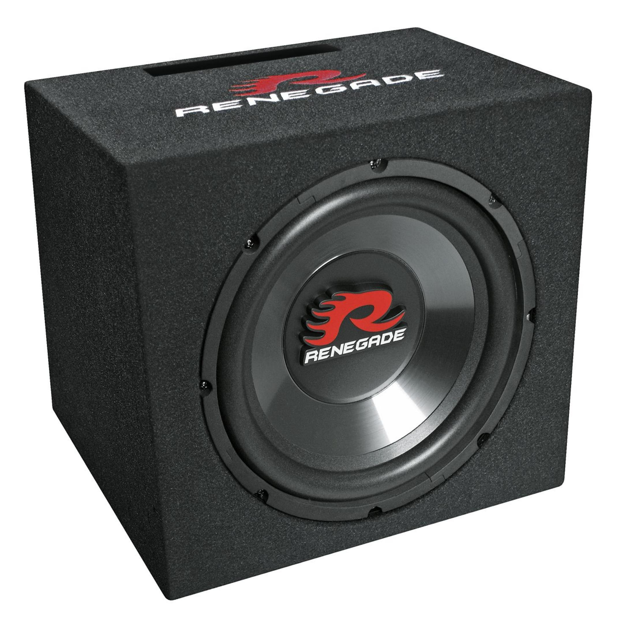Eine schwarze Renegade Subwoofer-Box mit einem rot-schwarzen Logo auf dem Lautsprecher.