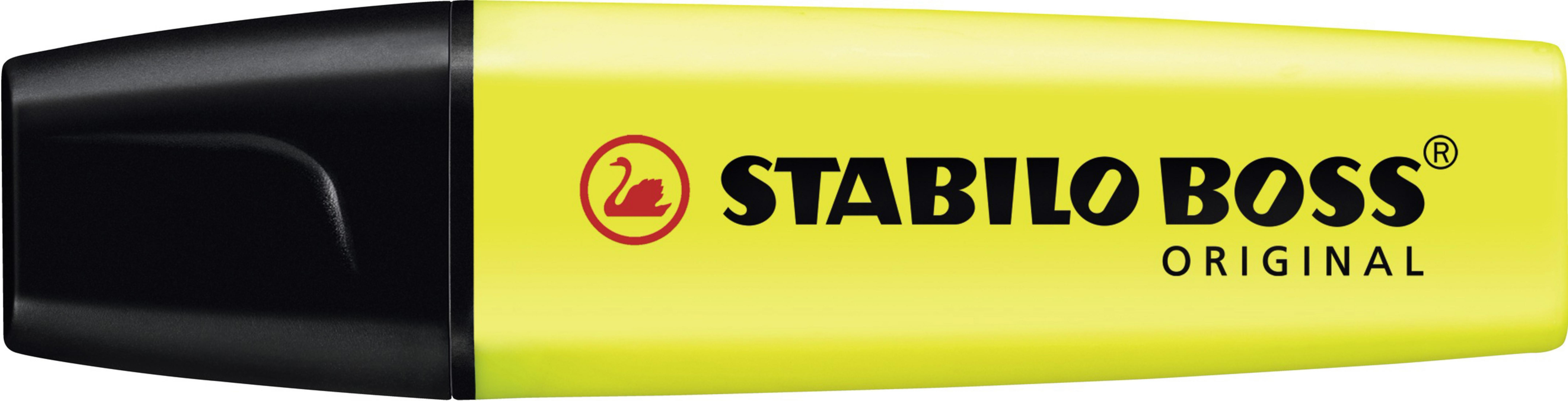 Evidenziatore giallo Stabilo Boss con cappuccio nero e logo rosso, isolato.
