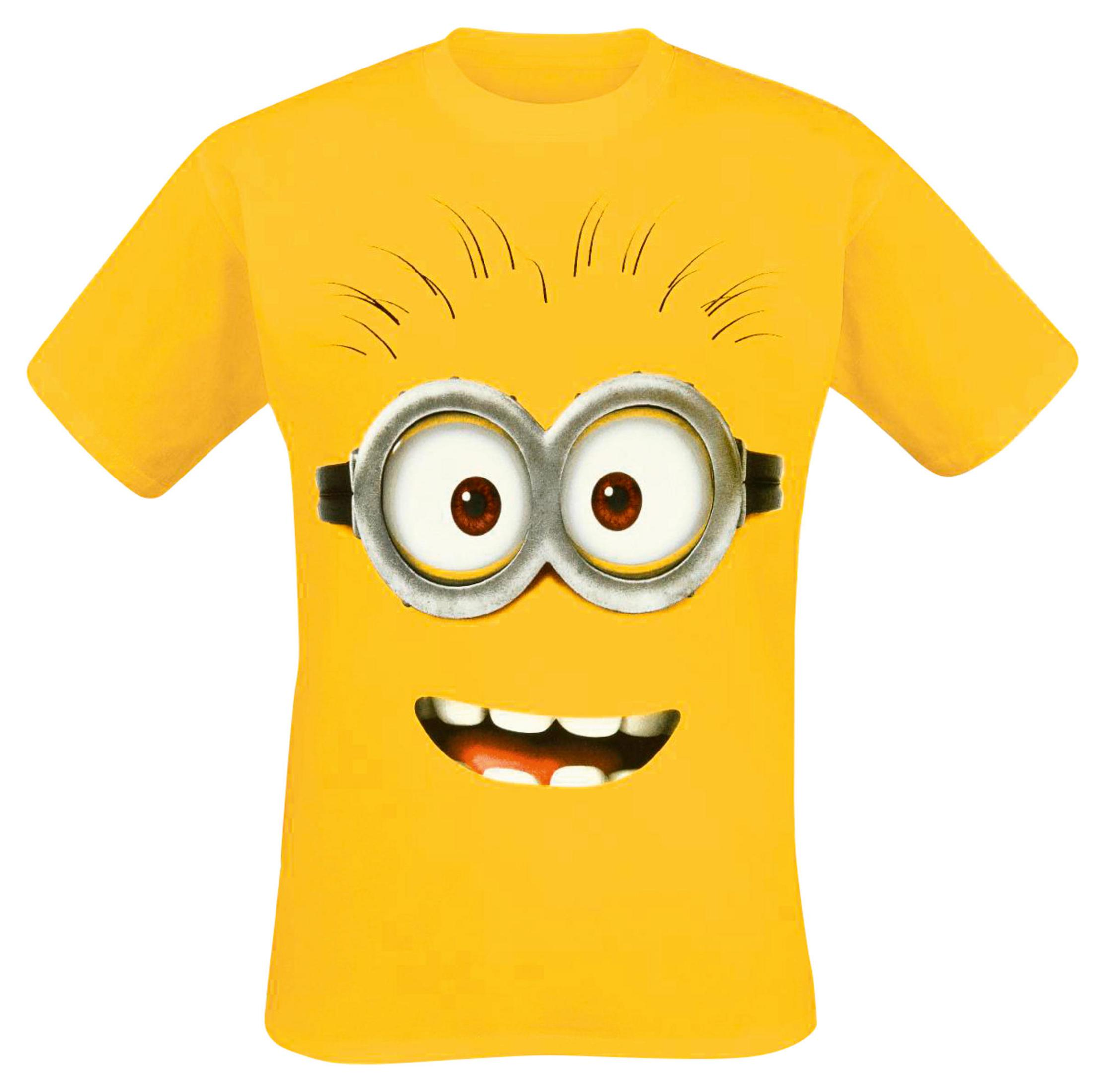Gelbes T-Shirt mit einem Minion-Gesicht aufgedruckt. Das Gesicht hat eine große Brille und einen lächelnden Mund.