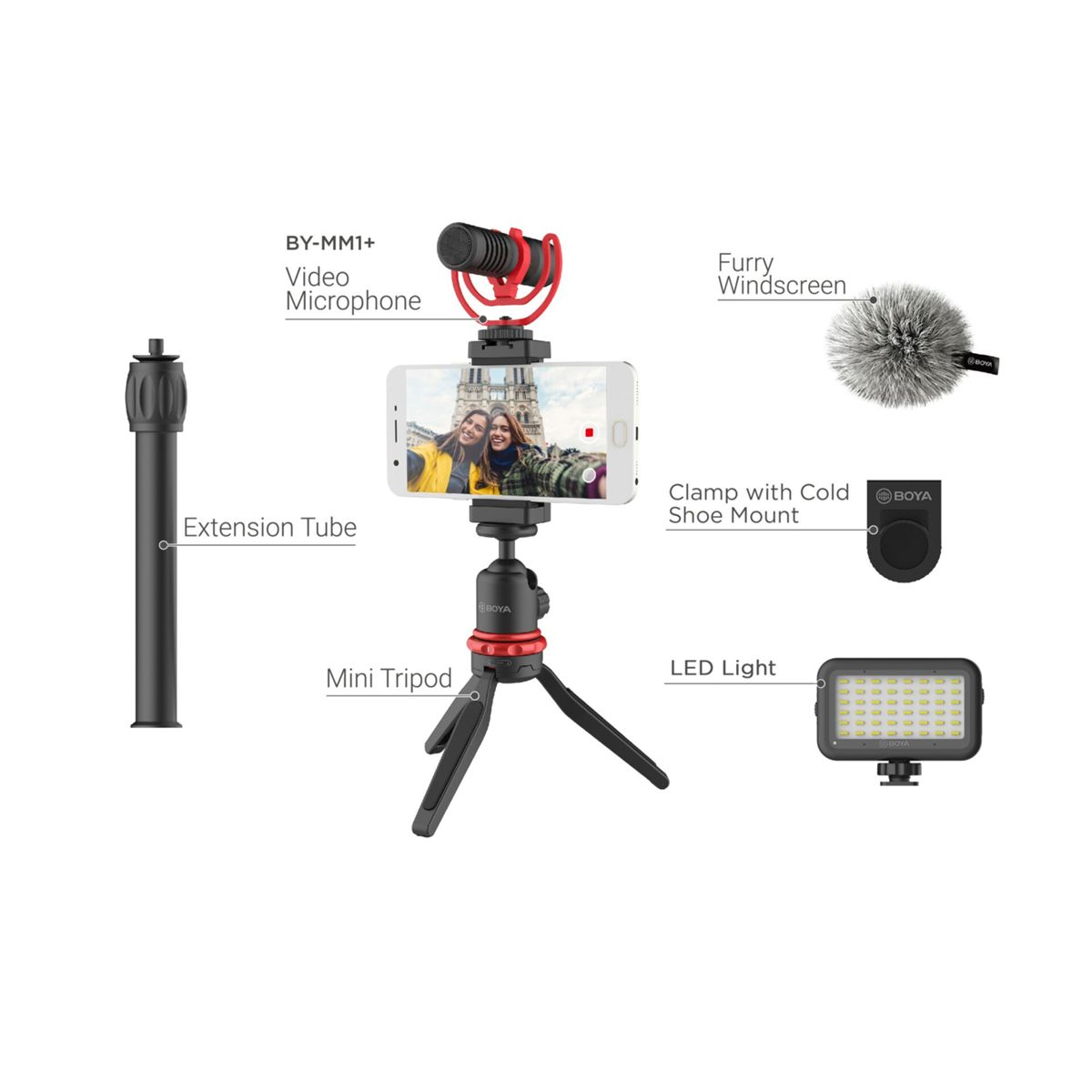 Una configuración de grabación de video con teléfono, mini trípode, micrófono y luz LED.
