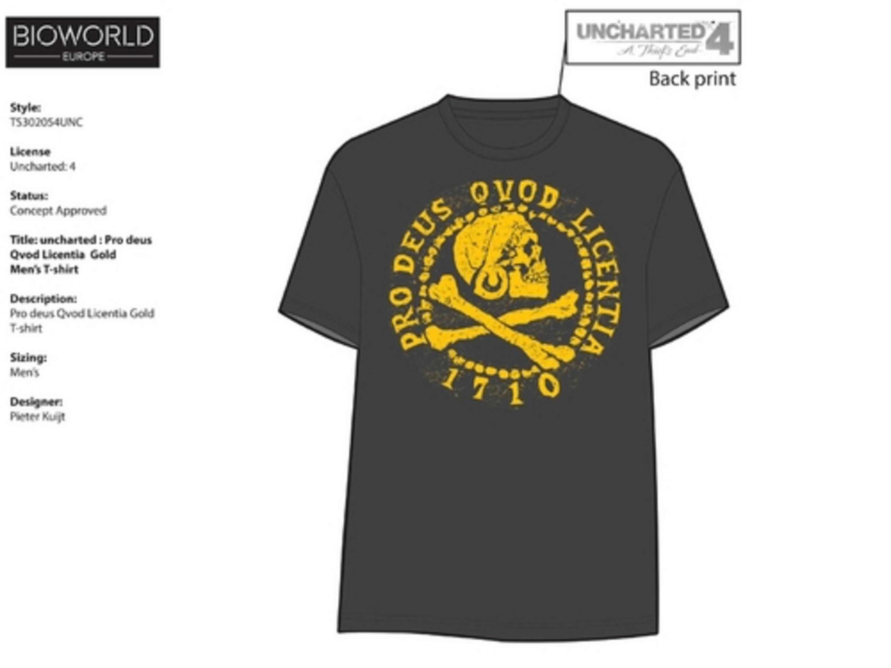Schwarzes T-Shirt mit Totenkopf und gekreuzten Knochen in einem kreisförmigen Design, Text links.