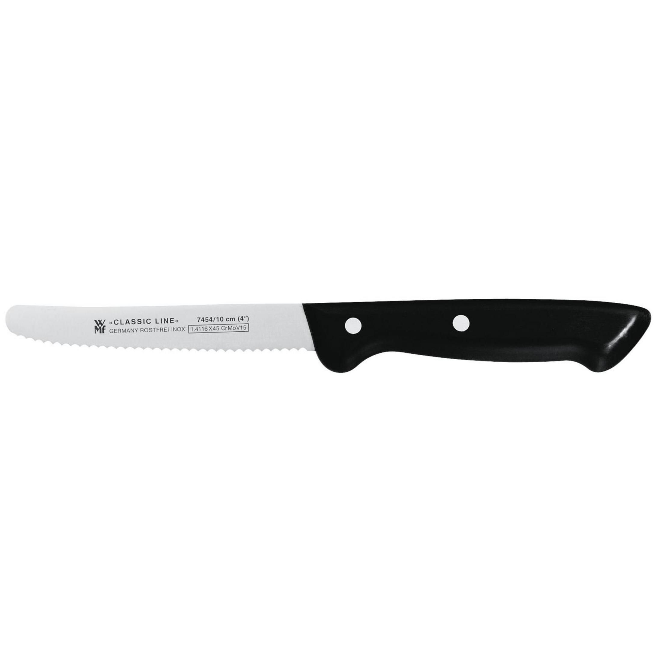 Ein gezahntes Steakmesser mit schwarzem Griff und weißer Klinge.