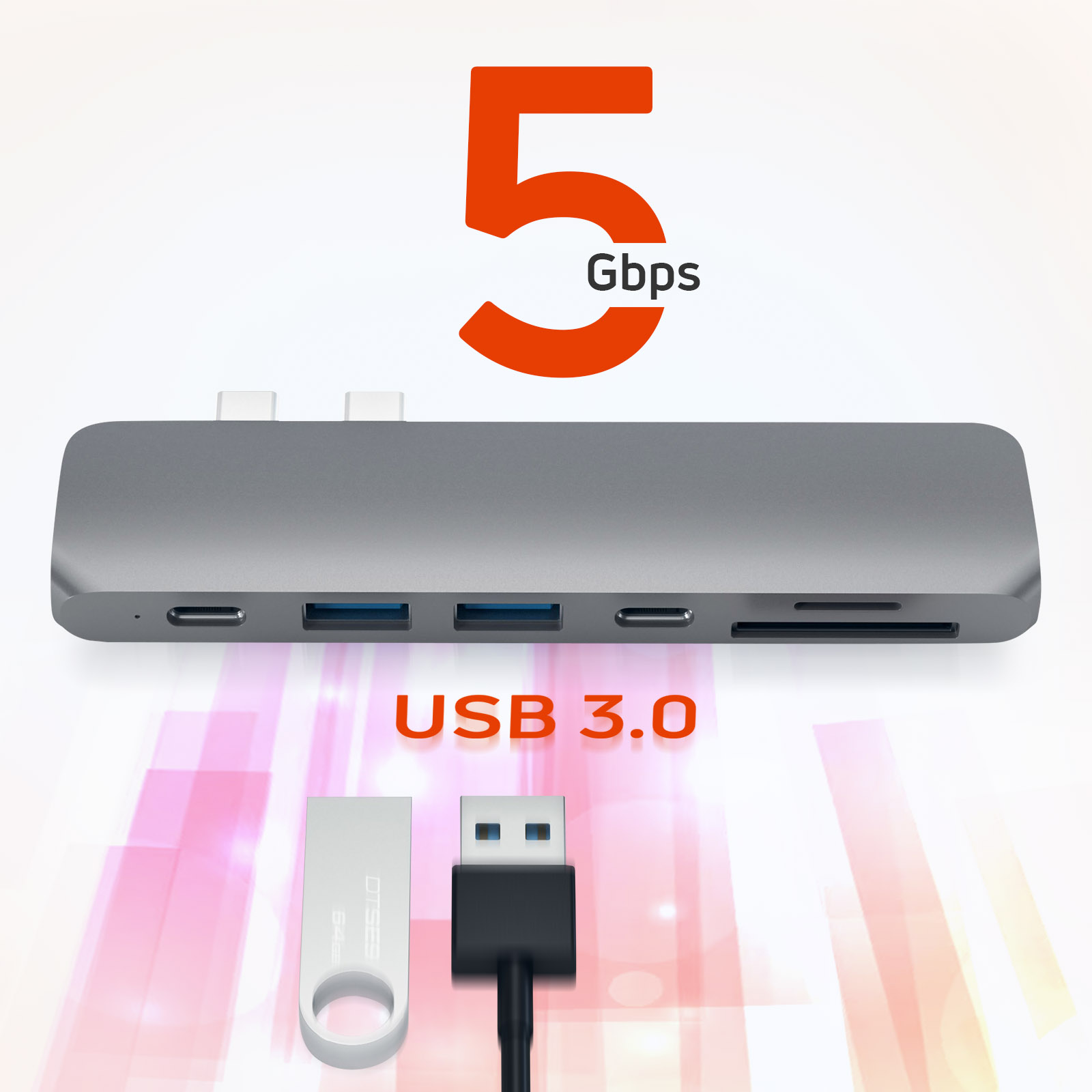 Un hub USB-C con porte e un'unità USB, con testo '5 Gbps' e 'USB 3.0'.