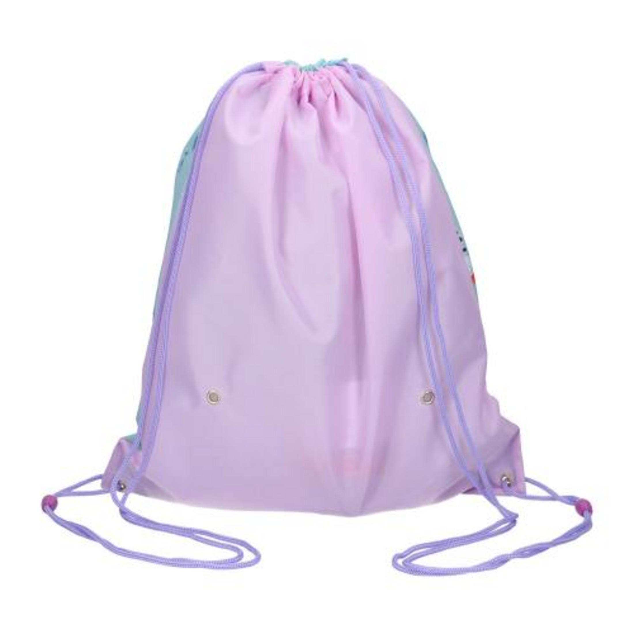 Rosa und blauer Kordelzugbeutel mit Cartoon-Design, lila Kordelzüge.