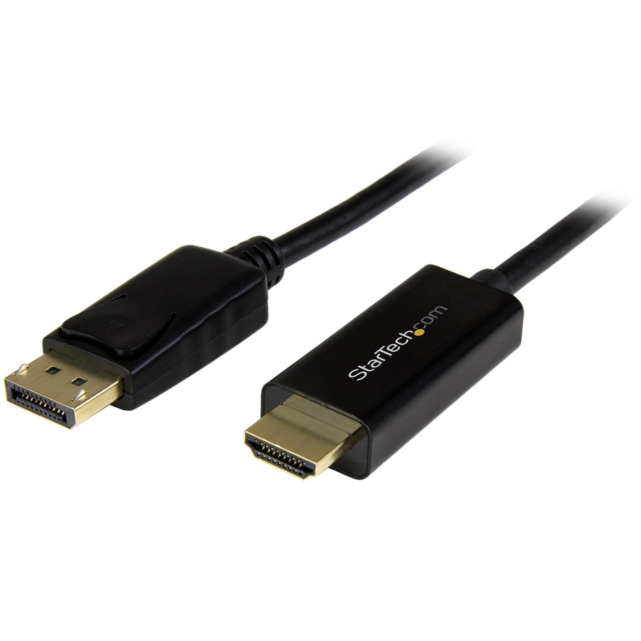 Ein schwarzes und goldenes DisplayPort-zu-HDMI-Kabel auf weißer Oberfläche.