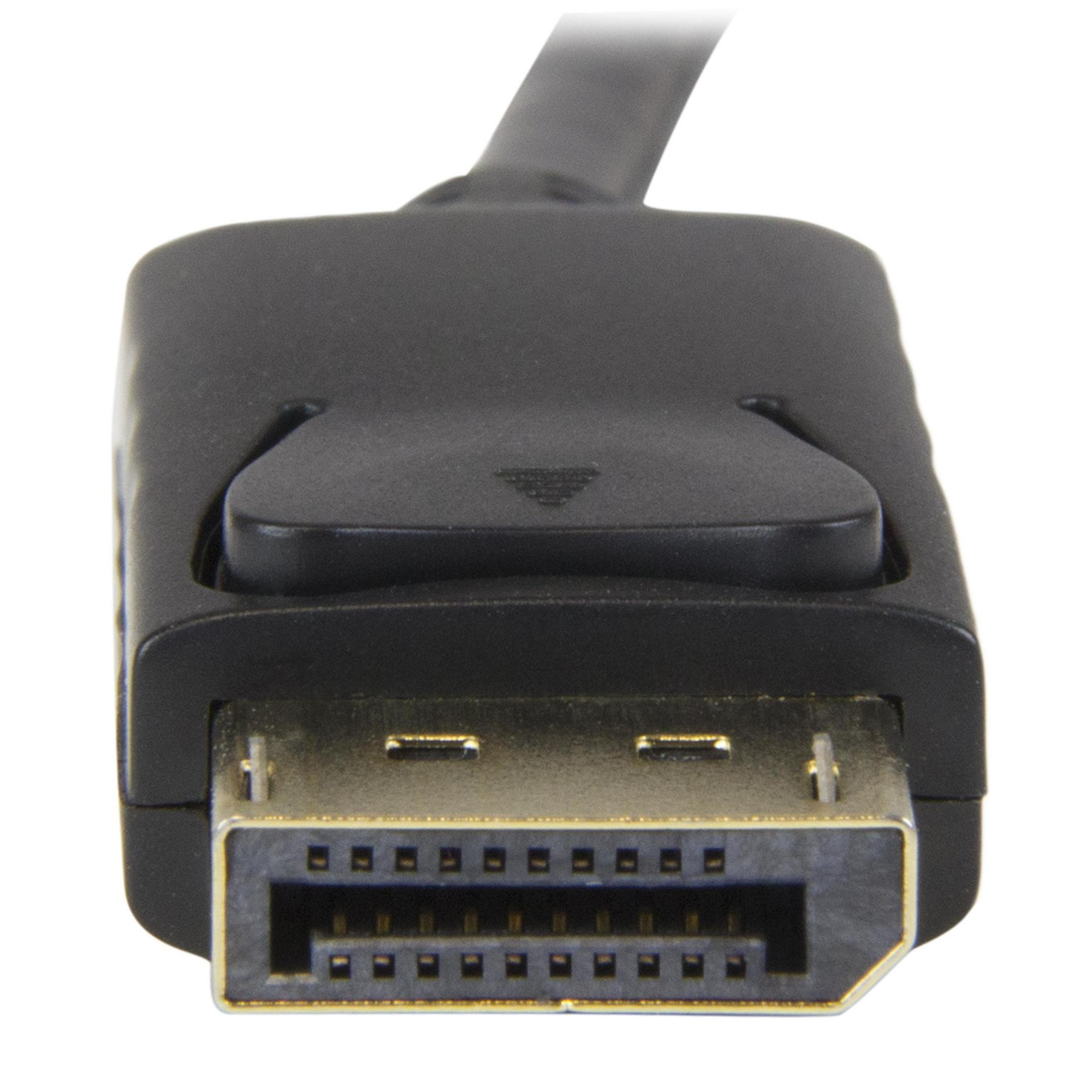 Nahaufnahme eines schwarzen DisplayPort-Anschlusses mit schwarzem Kabel.